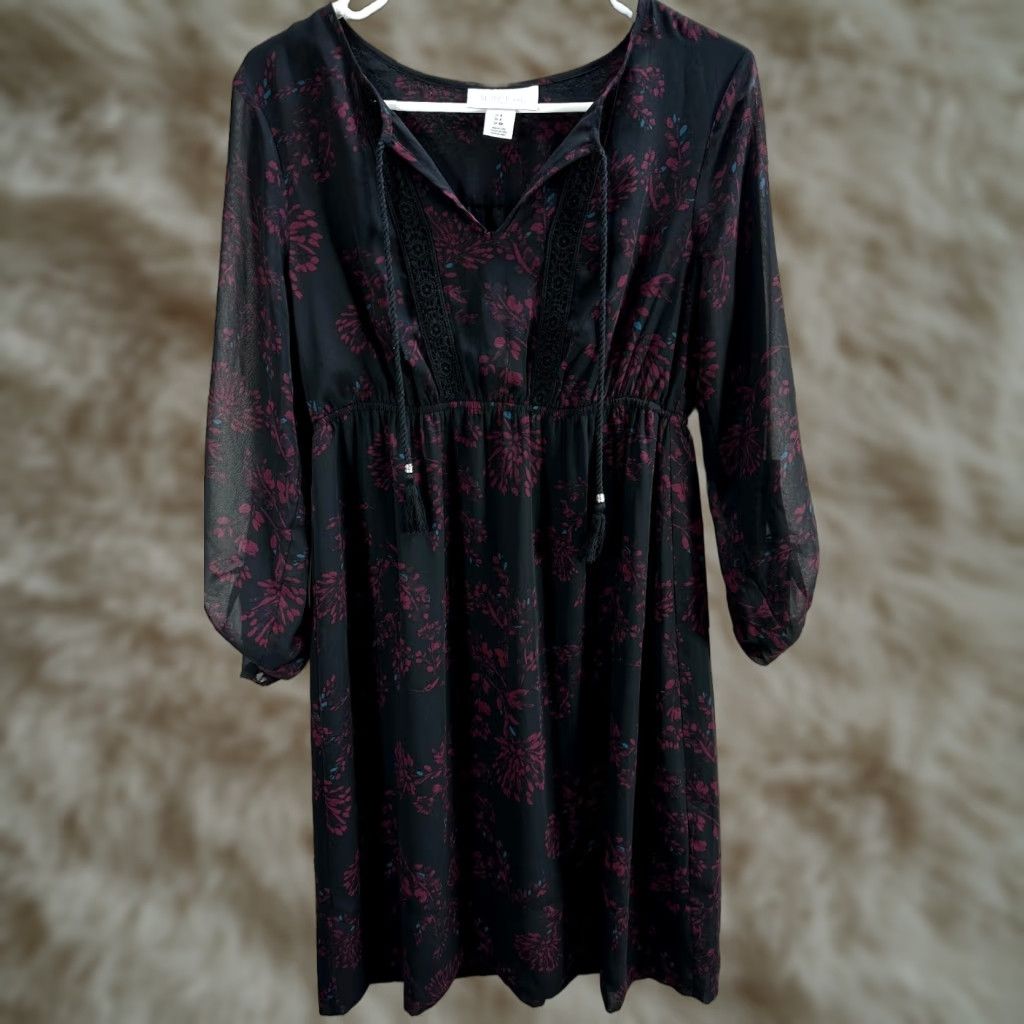 Vintage Motherhood Maternity Floral Mini Dress Sheer Crochet S Black Red Long Sleeve Roll Tab S Womens Size S / US 4 / IT 40 - 1 Thumbnail