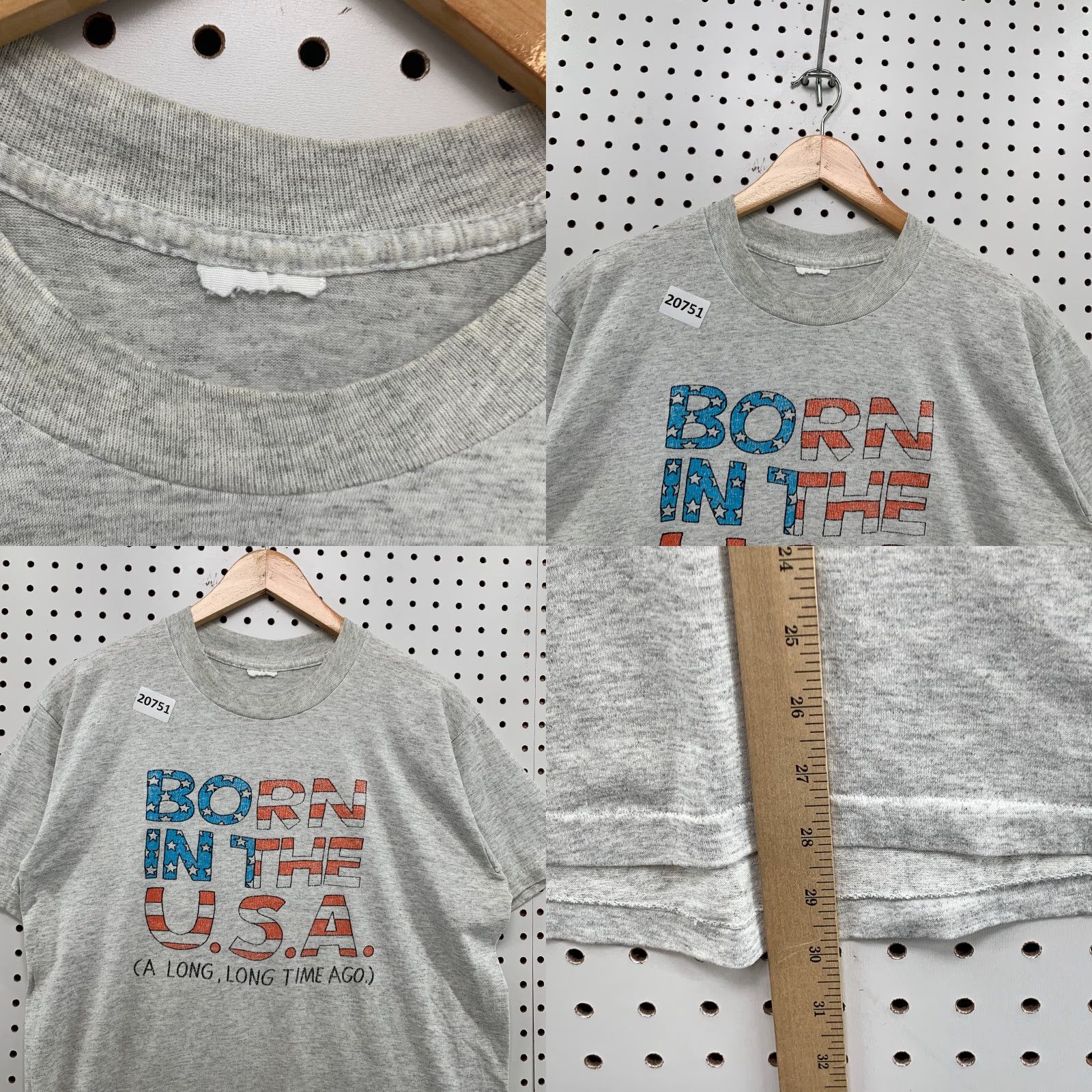 Fruit Of The Loom VINTAGE Born In The USA Shirt Mens XL Gray USA Flag Funny Single Stitch Size US XL / EU 56 / 4 - 9 Thumbnail