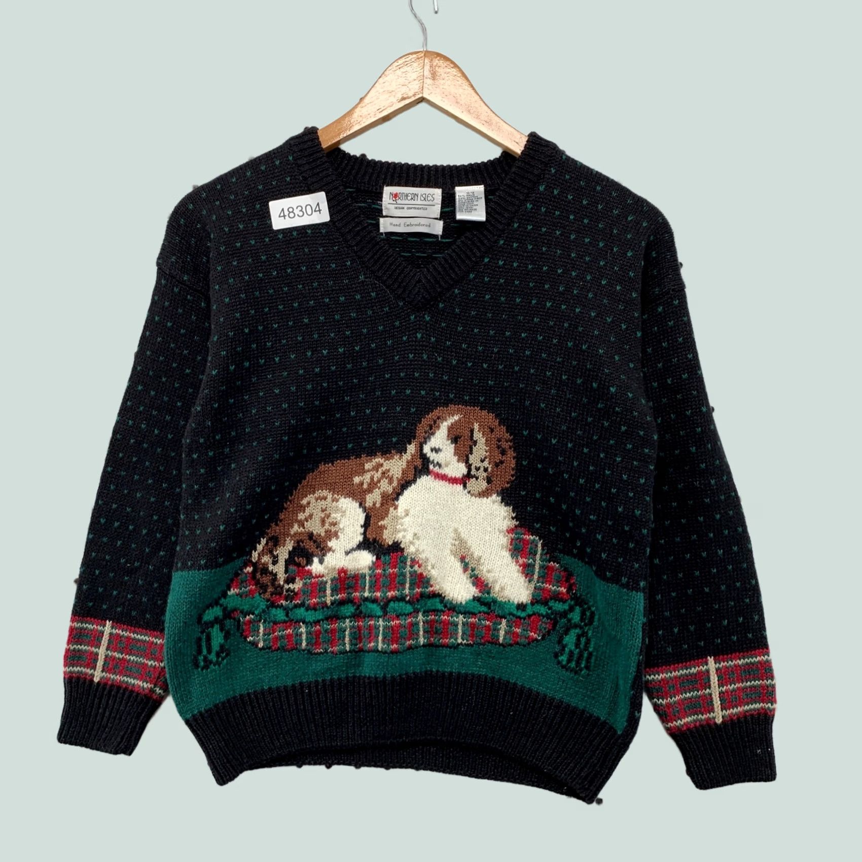 Vintage VINTAGE Northern Isles Dog Sweater Hand Embroidered V-Neck Womens 10 Black Plaid Knit Pullover | Animal Holiday Casual Womens Pullover Sweater 10 Size L / US 10 / IT 46 - 1 Thumbnail
