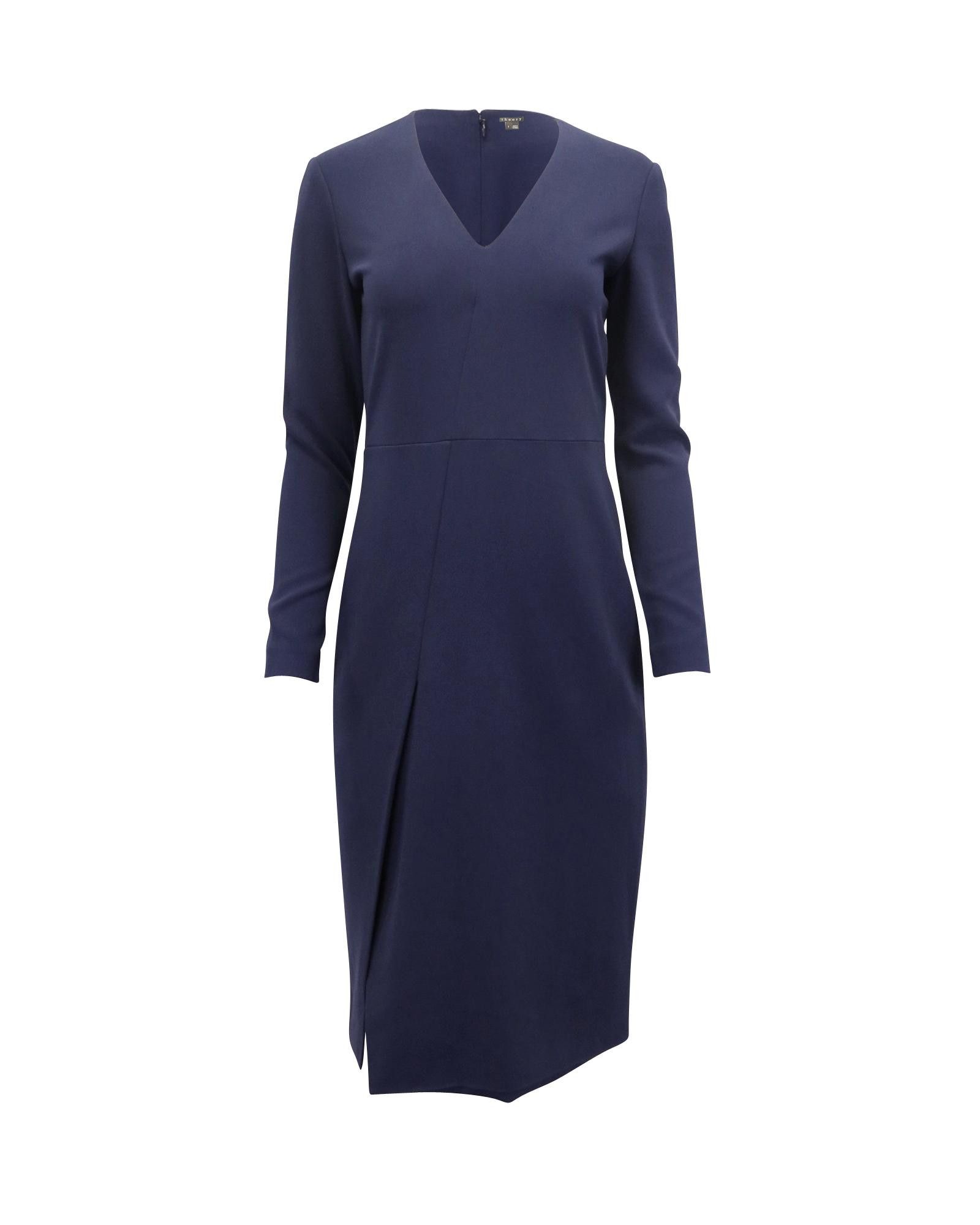 Image of Theory V-Neck Long Sleeve Midi Dress In Navy Triacetate in Navy Blue, Women's (Size XS)