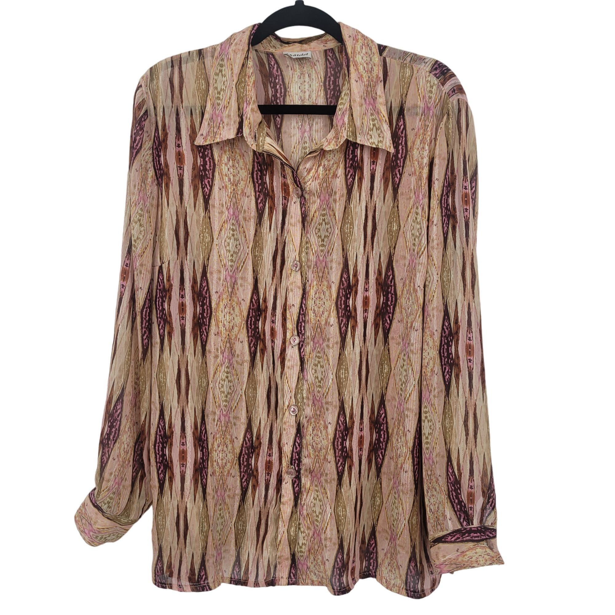Vintage Vintage 70s Sheer Button Down Blouse XL Pink Streaked Groovy Size XL / US 12-14 / IT 48-50 - 1 Thumbnail