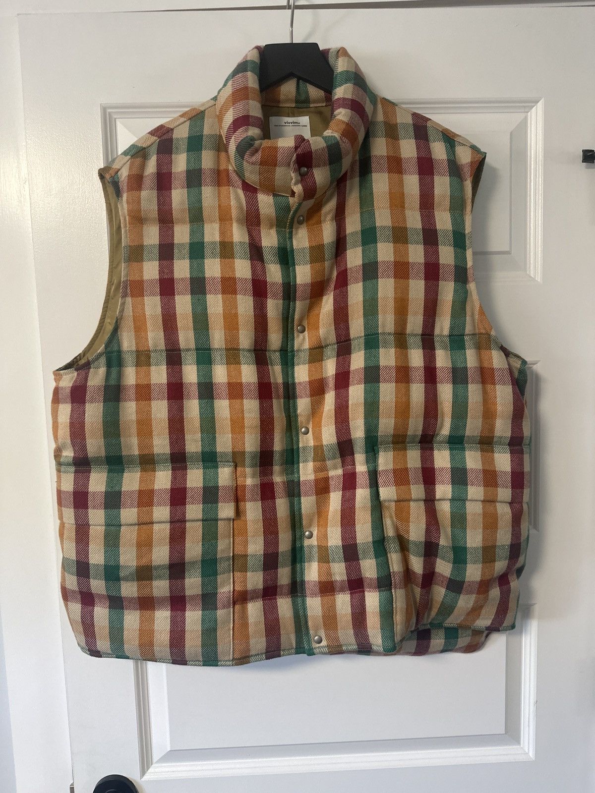 image of Visvim Walker Down Vest ‘Check’ in Beige, Men's (Size 2XL)