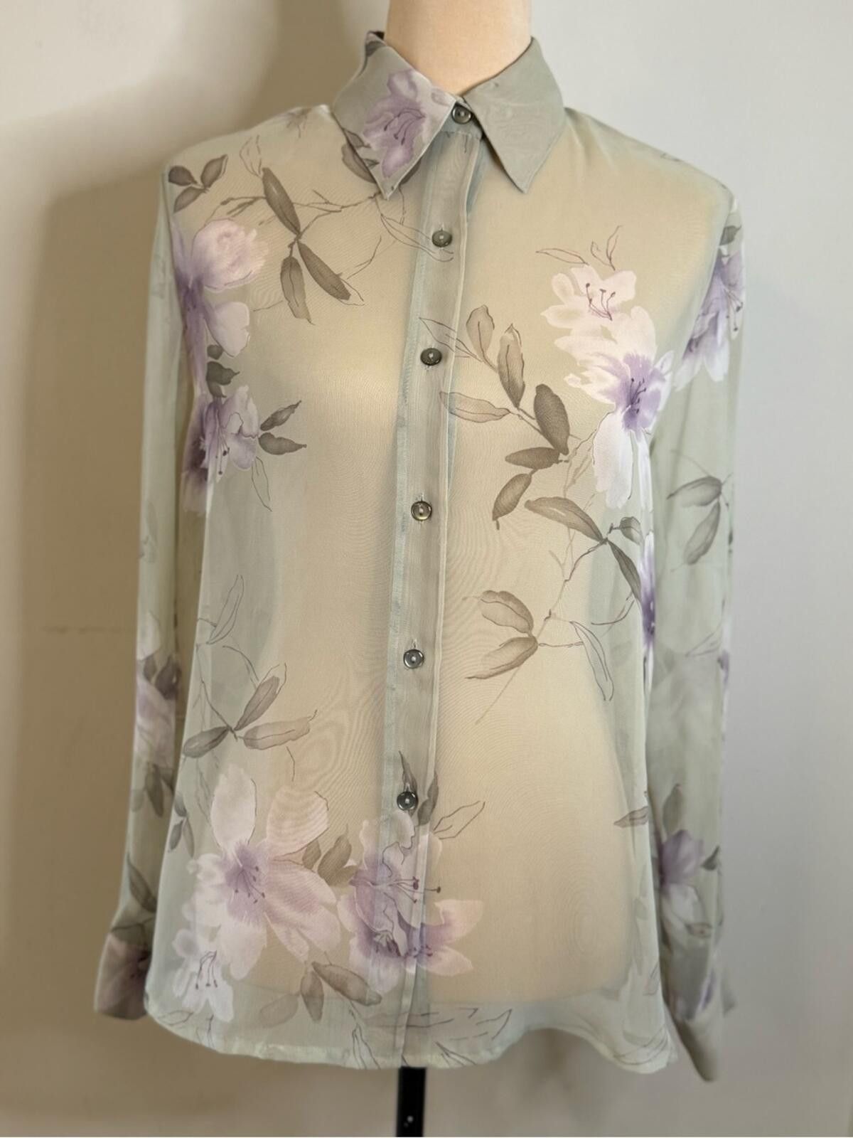 Industry of All Nations Notations sheer floral button blouse green purple white SM Size S / US 4 / IT 40 - 1 Thumbnail