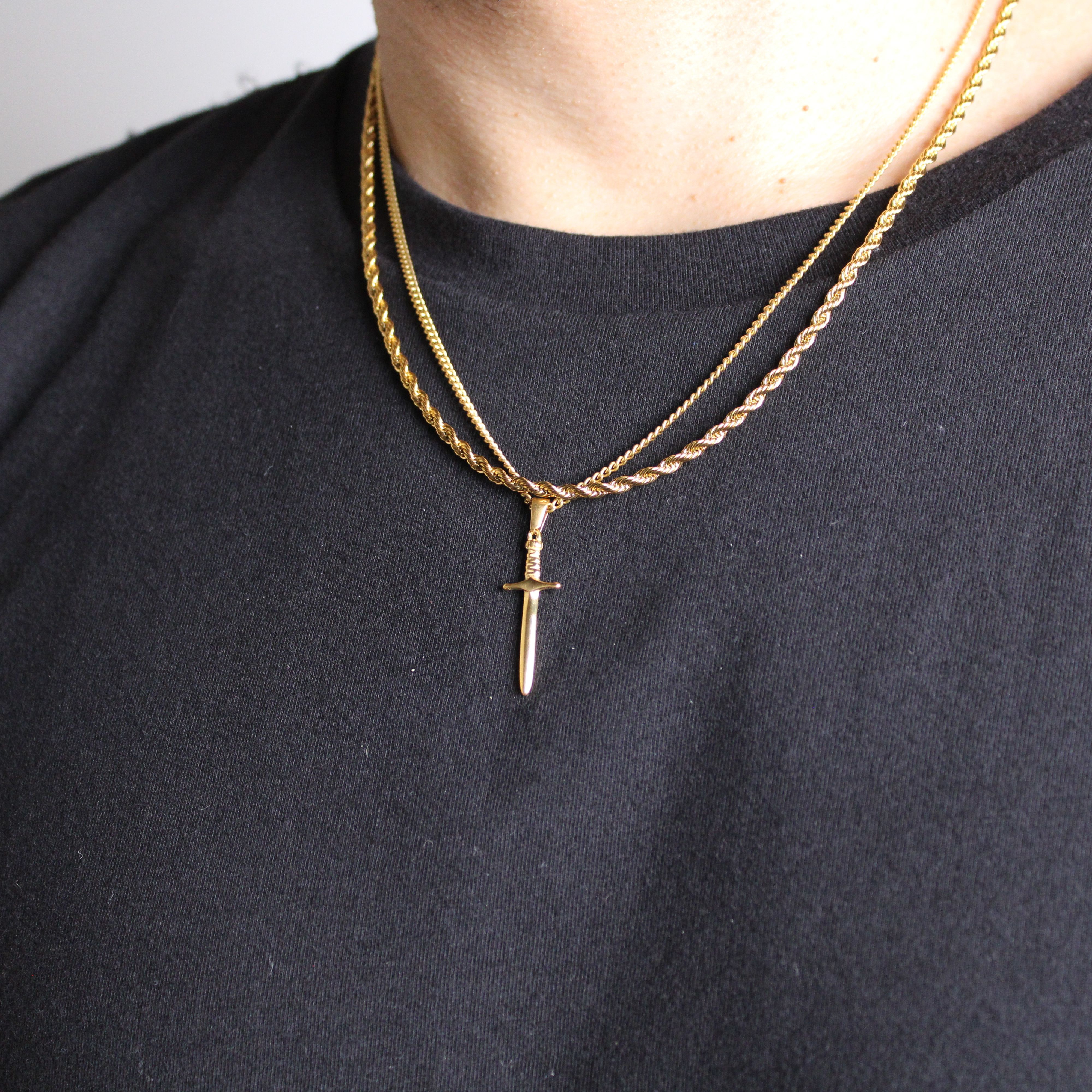 Jewelry Gold Dagger Pendant Necklace & 3mm Rope Chain Set Size ONE SIZE - 2 Thumbnail
