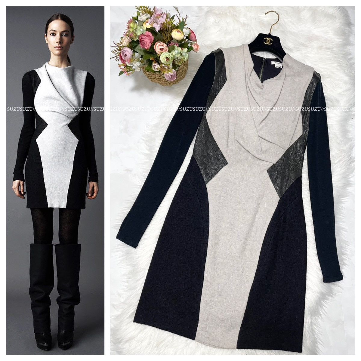 image of Helmut Lang Switch Lamb Leather Drape Long Sleeve Dress 4 in Gray/Black, Women's (Size Small)