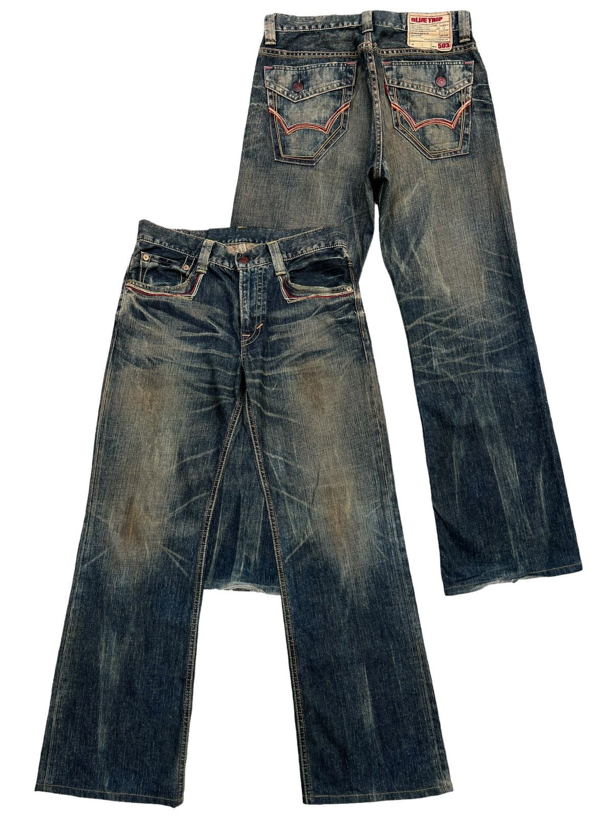 image of Distressed Denim x Edwin Blue Trip 503 Straight Flare Mudwash Denim Jeans 35X31 in Yellow/Blue/Rust
