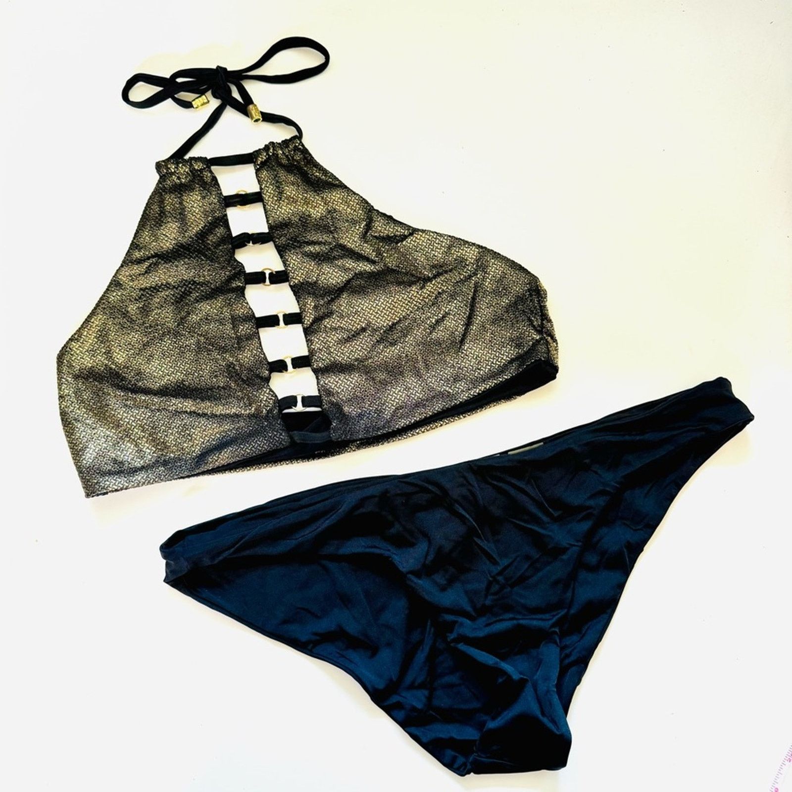 REVOLVE BEACH BUNNY Bronze Fools Gold Halter Bikini Top Black Bottom Size ONE SIZE - 2 Thumbnail
