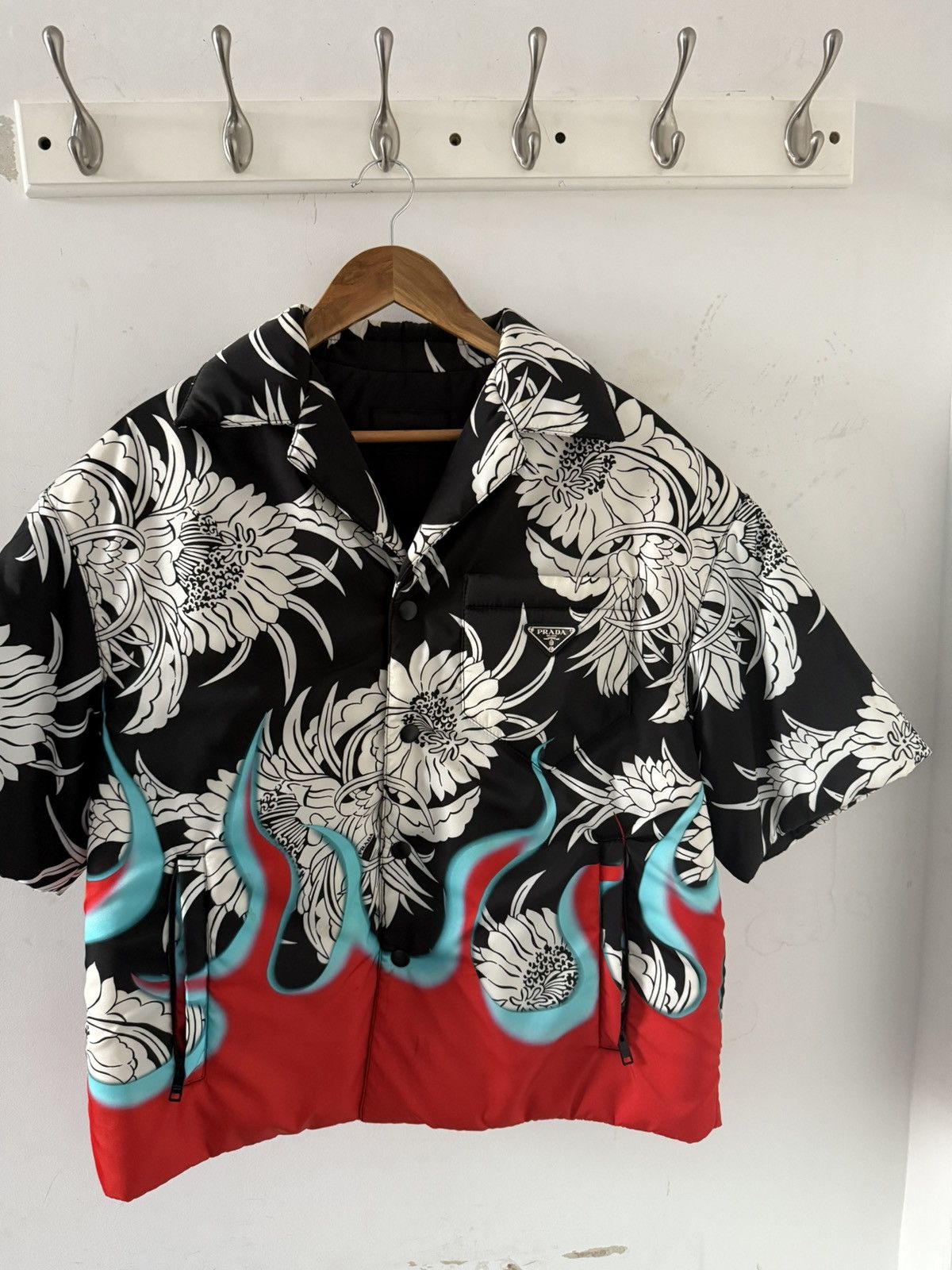 Prada oversized floral red flame nylon puffer shirt jacket