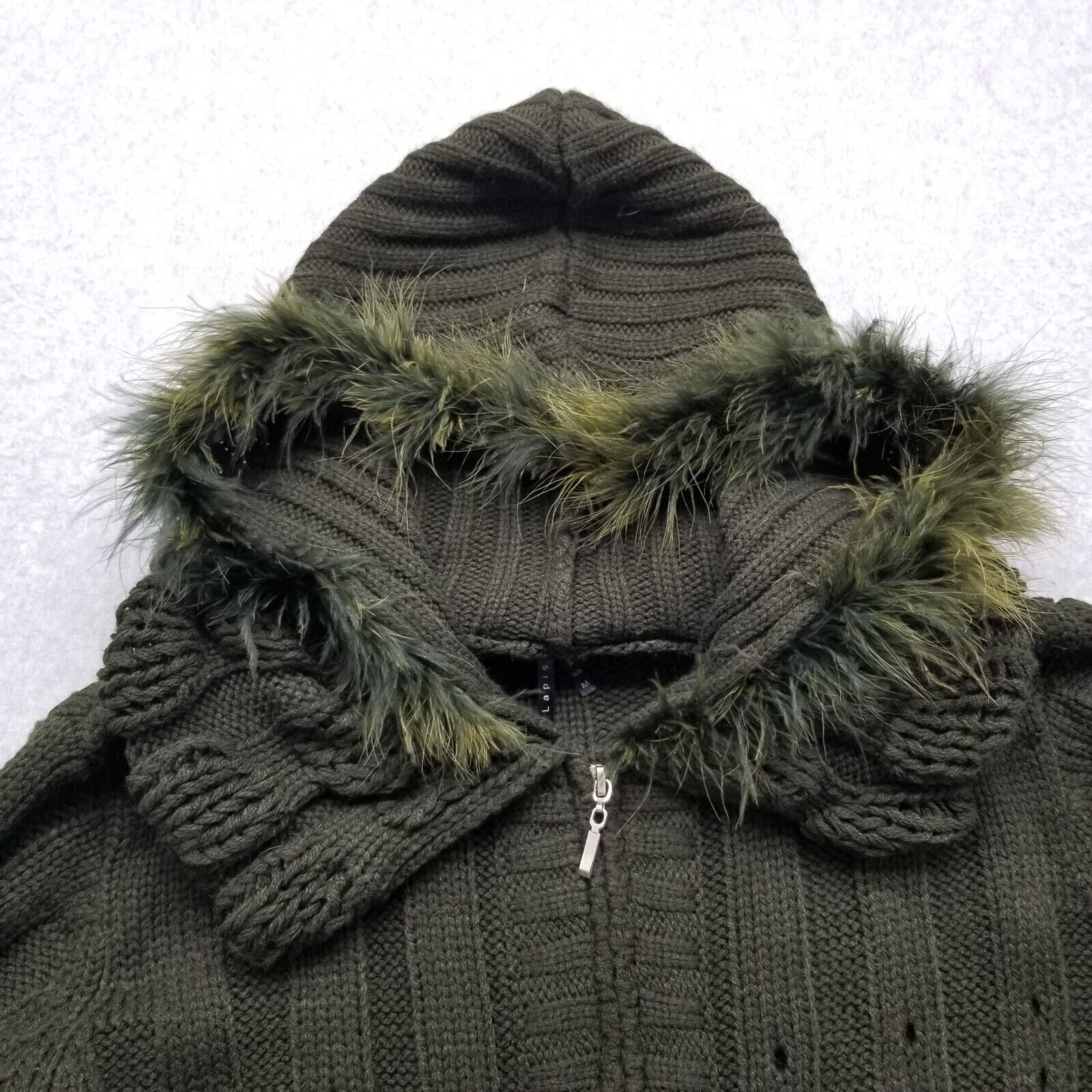 Other Lapis Jacket Womens Medium Green Sweater Full Zip Hooded Fur Size M / US 6-8 / IT 42-44 - 3 Thumbnail
