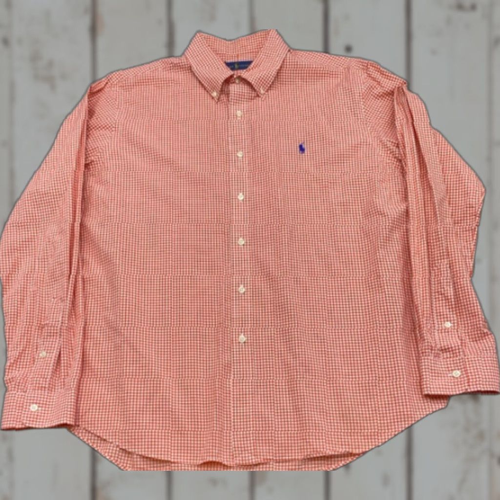 Ralph Lauren VINTAGE Ralph Lauren Shirt Mens XL Long Sleeve Button Up Orange White Checked Blue Pony Size US XL / EU 56 / 4 - 1 Thumbnail
