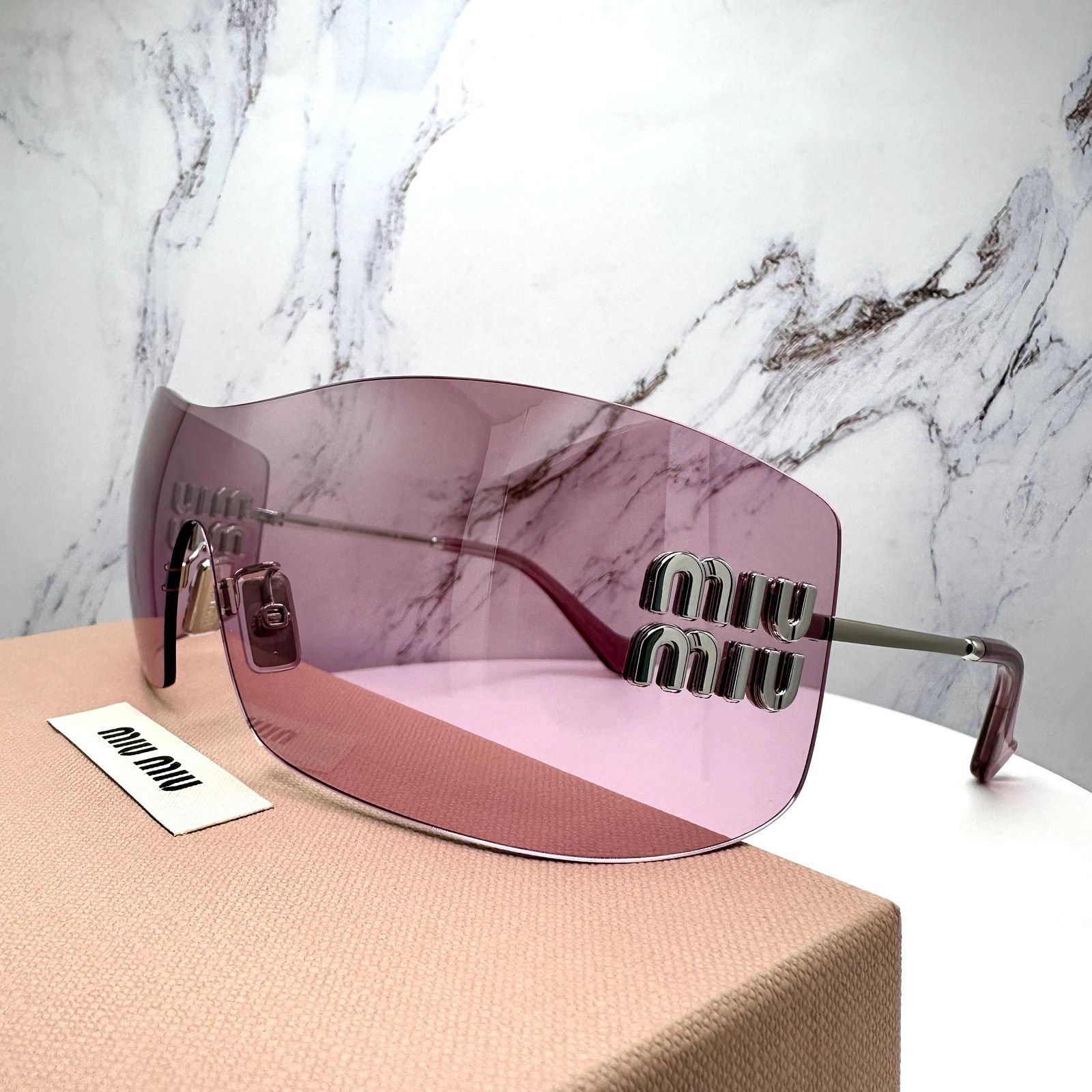 Miu Miu New MIU MIU Sunglasses Silver Pink Mirror Rimless Wrap Size ONE SIZE - 20 Thumbnail