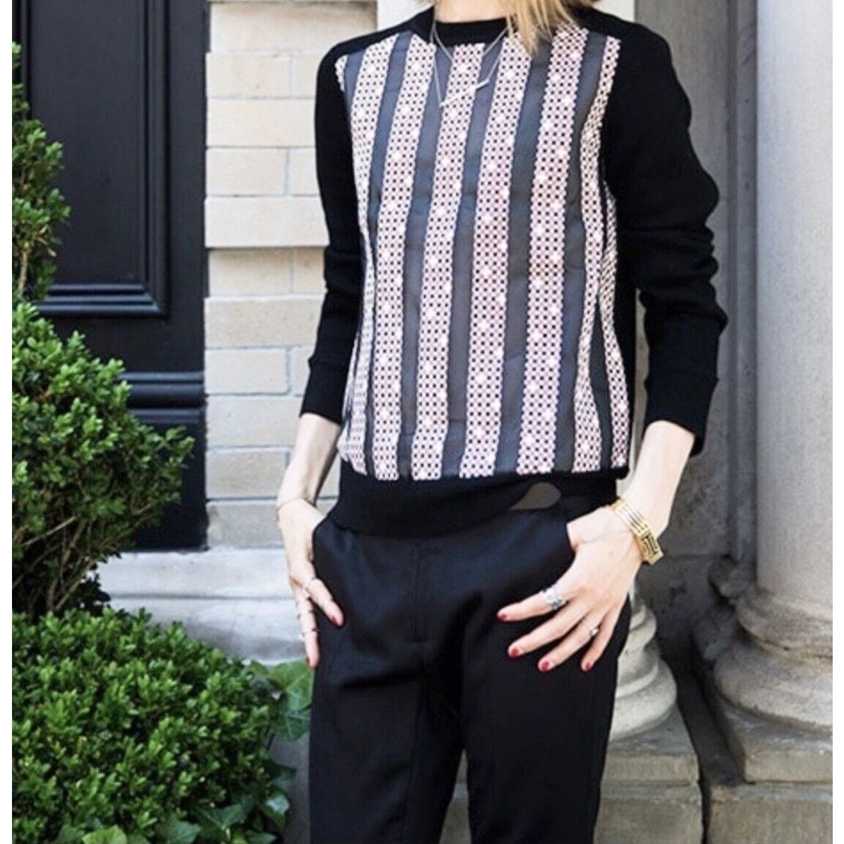 Tory Burch Black Merino Wool Striped Silk Panel Sweater