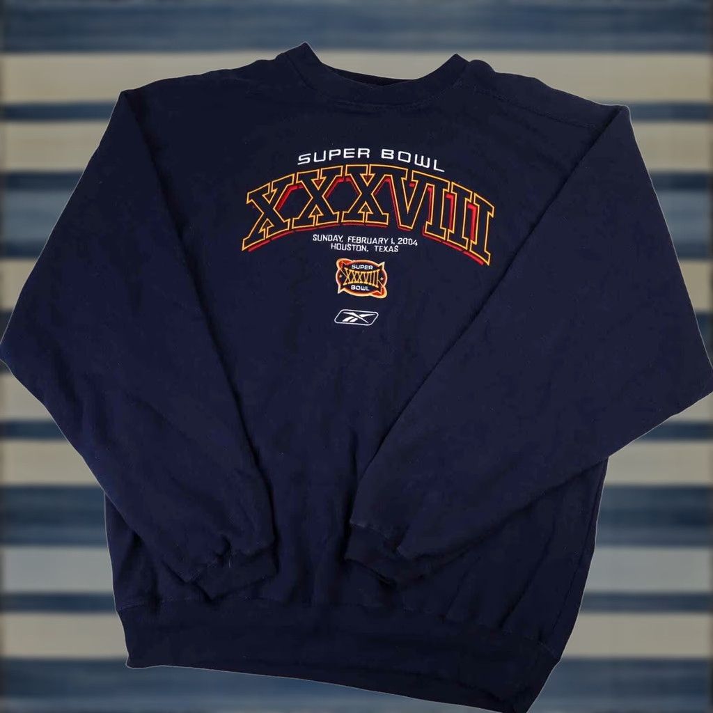 Reebok VINTAGE Reebok Sweatshirt NFL Superbowl XXXVIII Embroidered Blue Large Mens Pullover(Size L) Size US L / EU 52-54 / 3 - 1 Thumbnail
