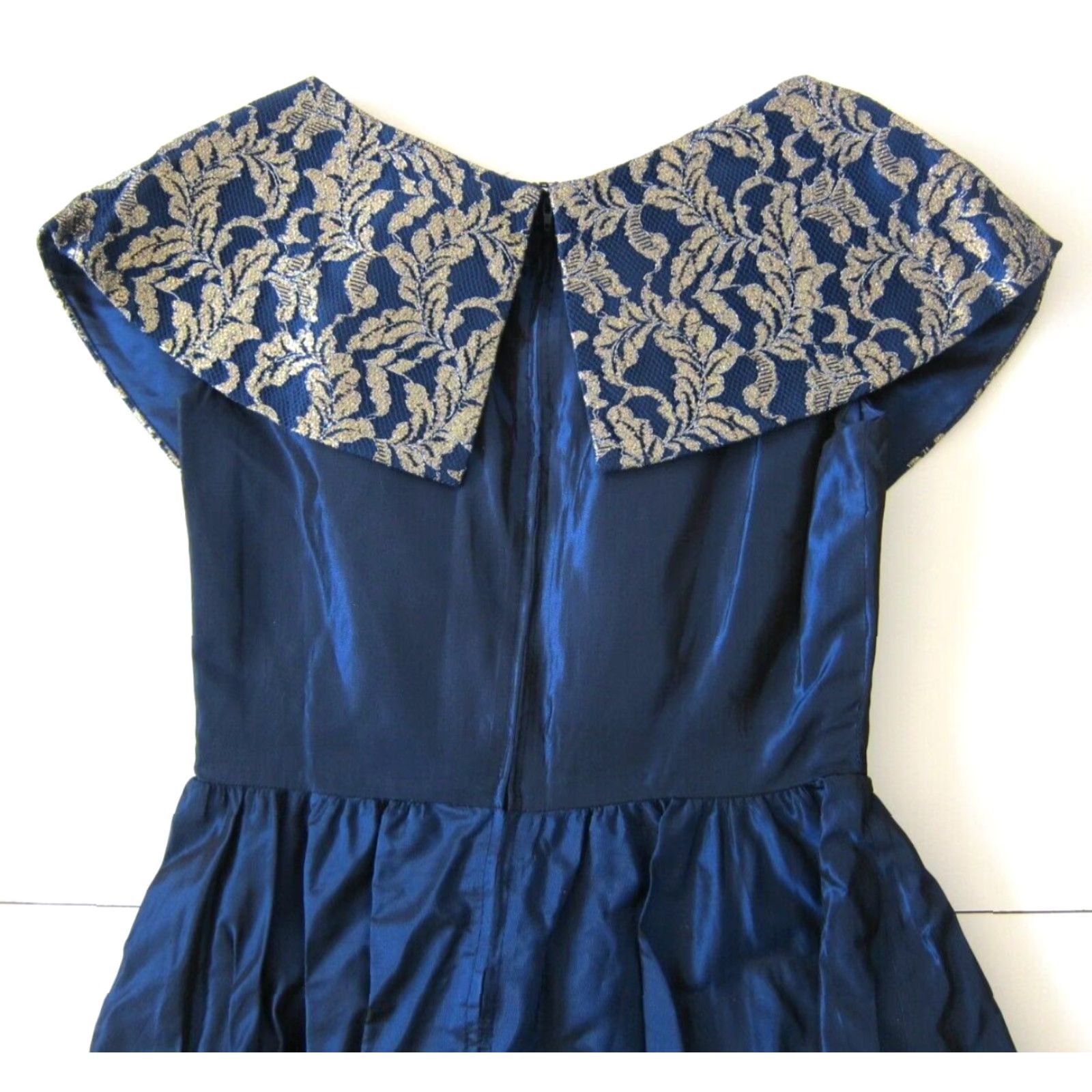Vintage Evening Chic Lola Berent Blue Satin Empire Dress 11/12, Vintage, Collared, Gold Floral, Knee Length, Short Sleeve, Party/Cocktail, Women Size L / US 10 / IT 46 - 5 Thumbnail