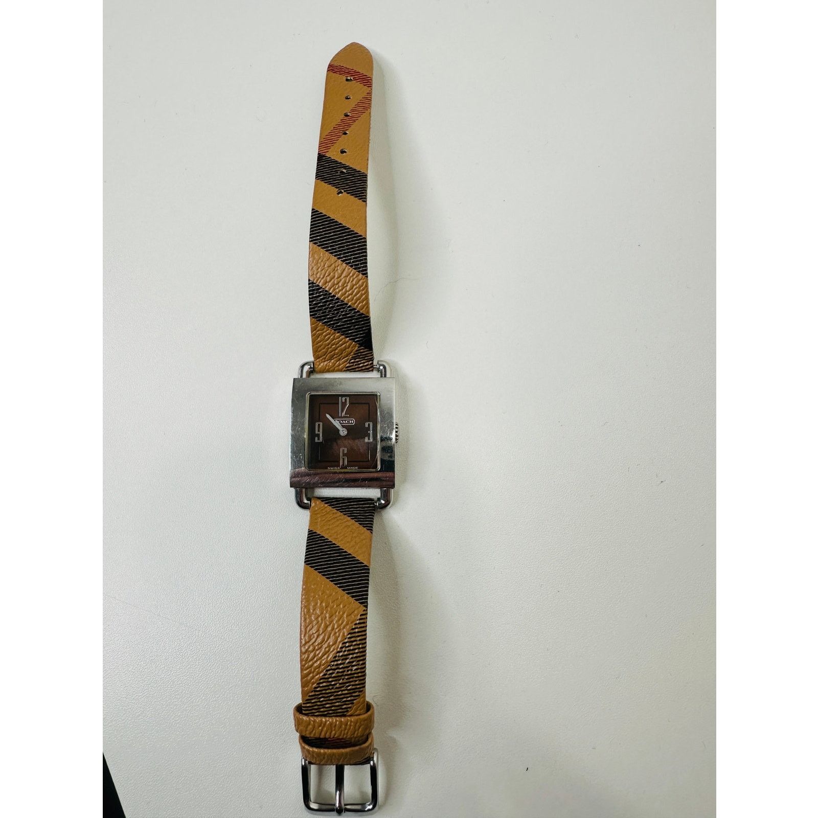Coach Coach Silver Square Bronze Face Watch Tan Plaid Watchband Size ONE SIZE - 1 Thumbnail