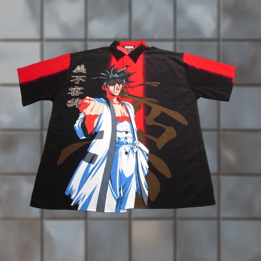Vintage Million Guy Shirt 2XL Black Red Button Up Allover Print Short Sleeve Mens Anime Graphic Print Cartoon Button-Up Collared Front Back Oversized Size US XXL / EU 58 / 5 - 1 Thumbnail