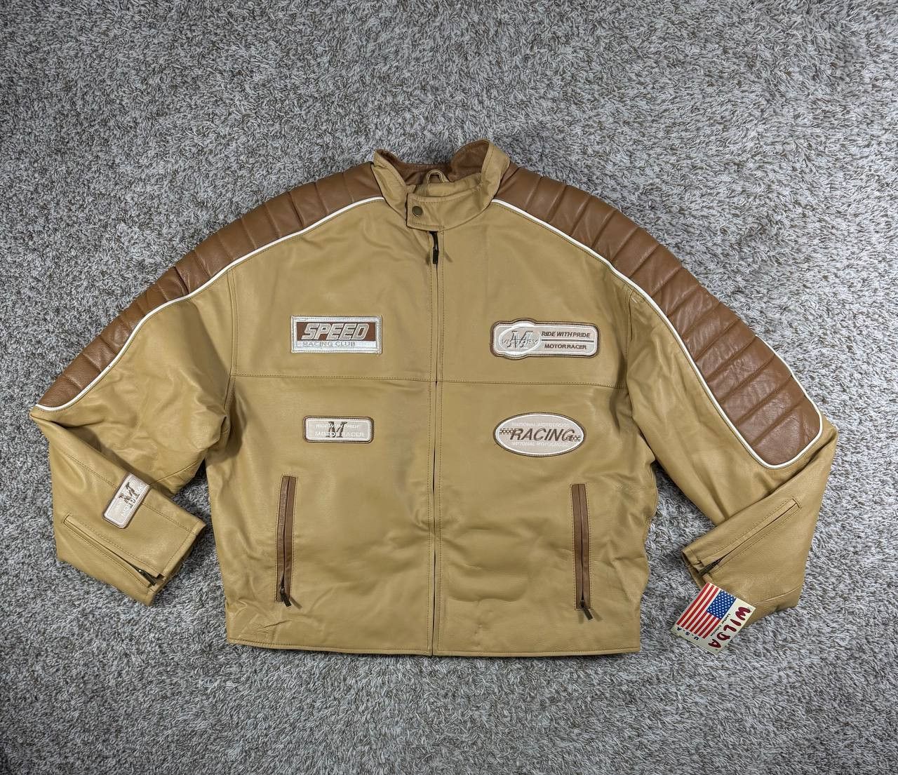 WILDA Genuine Leather Racing Jacket Moto Biker Patches