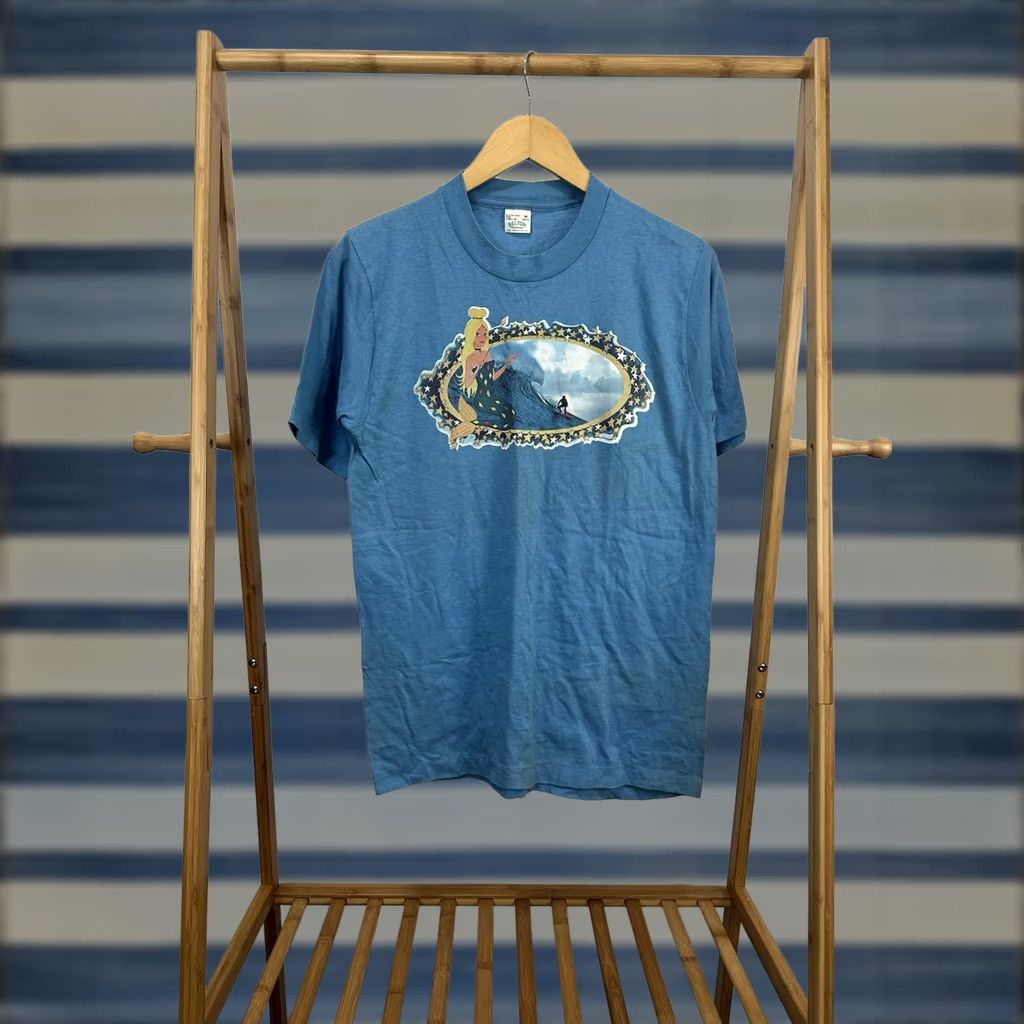 Vintage VTG 80s Surf Mermaid Magically Ocean Wave Iron On Belton T-Shirt Size L Blue Mens Short Sleeve Size US L / EU 52-54 / 3 - 1 Thumbnail
