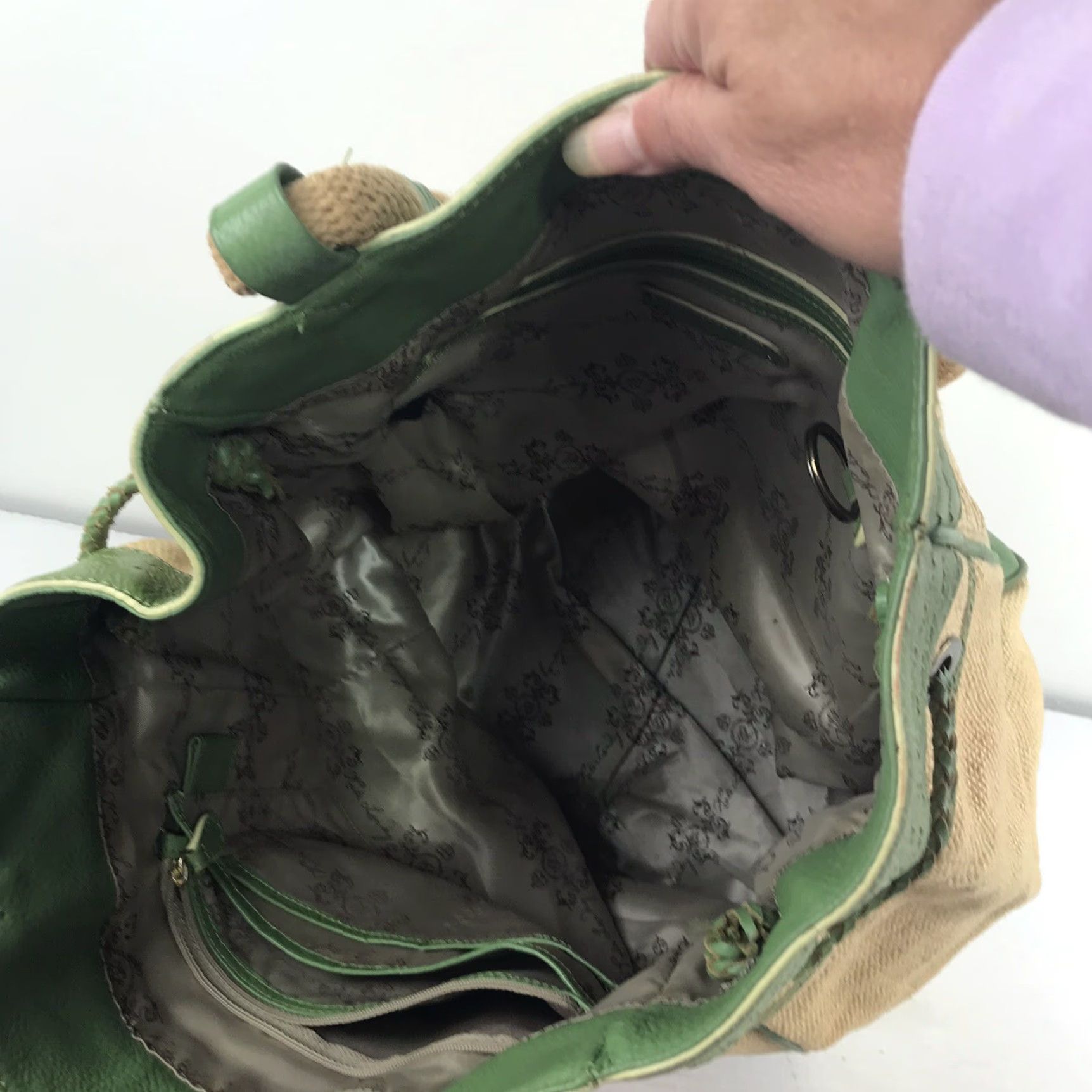 Vintage Kate Landry X-Large Shoulder Bag in Beige/Green Jute & Leather with Studded Accents, Casual/Party/Travel, Womens Size ONE SIZE - 5 Thumbnail