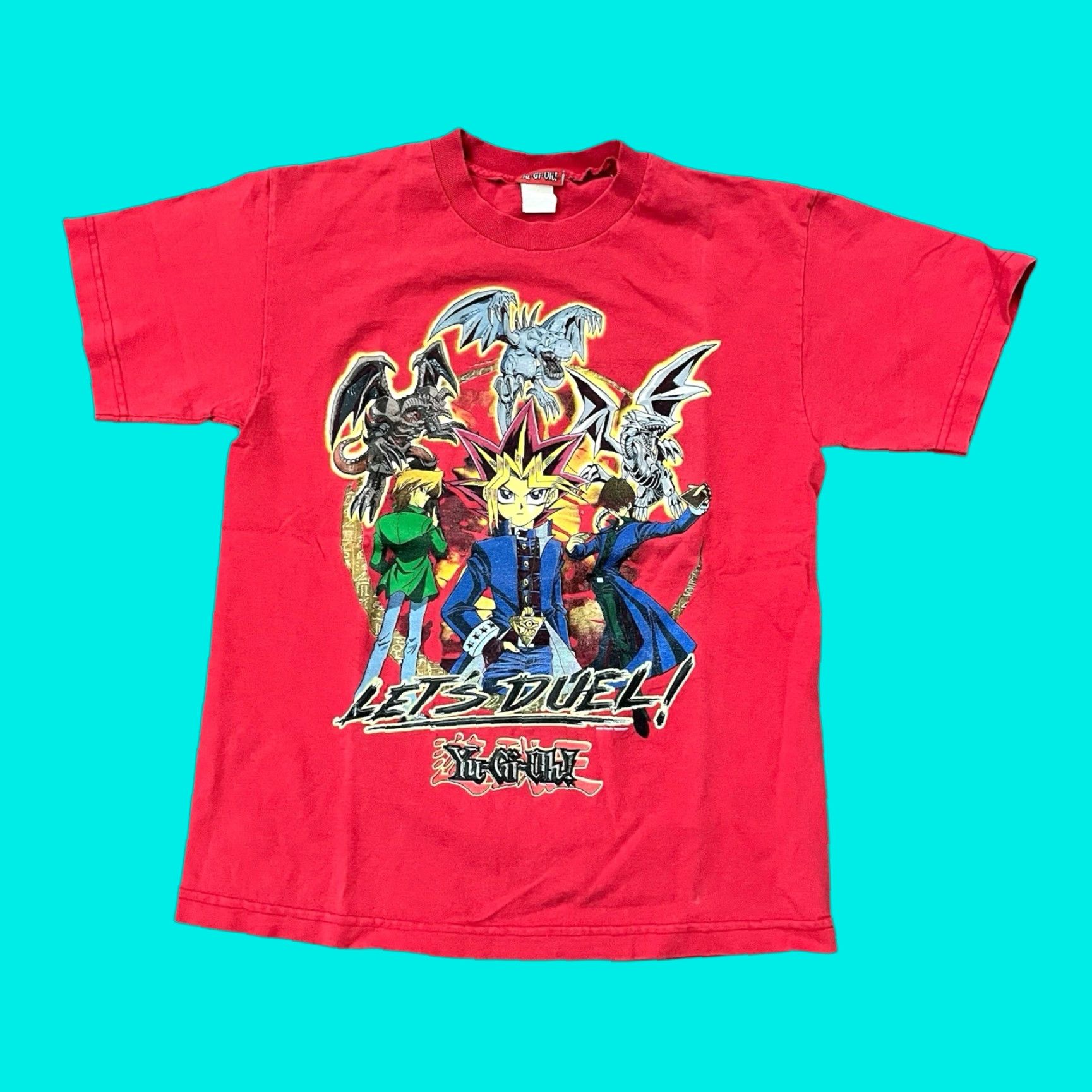 VINTAGE 1996 Yu-Gi-Oh Blue Eyes White Dragon Joey Kaiba Anime Shirt Youth L 90s Red Boys
