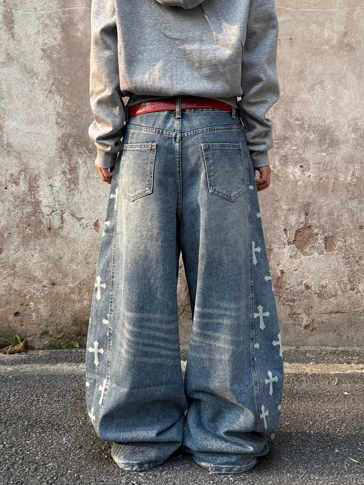 Vintage Blue Wide Leg Denim Jeans with Cross Print, Baggy Fit Size 27" / US 4 / IT 40 - 3 Thumbnail