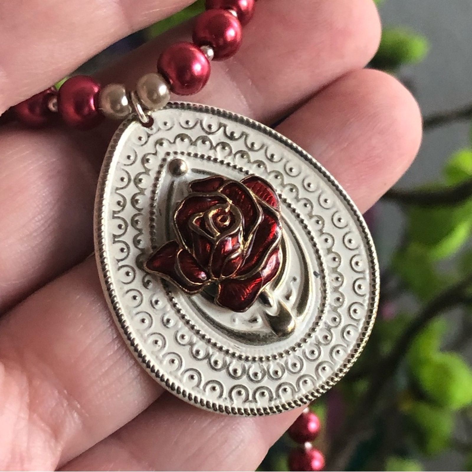 Handmade Handcrafted repurpose red rose filigree Pearl necklace Size ONE SIZE - 8 Thumbnail