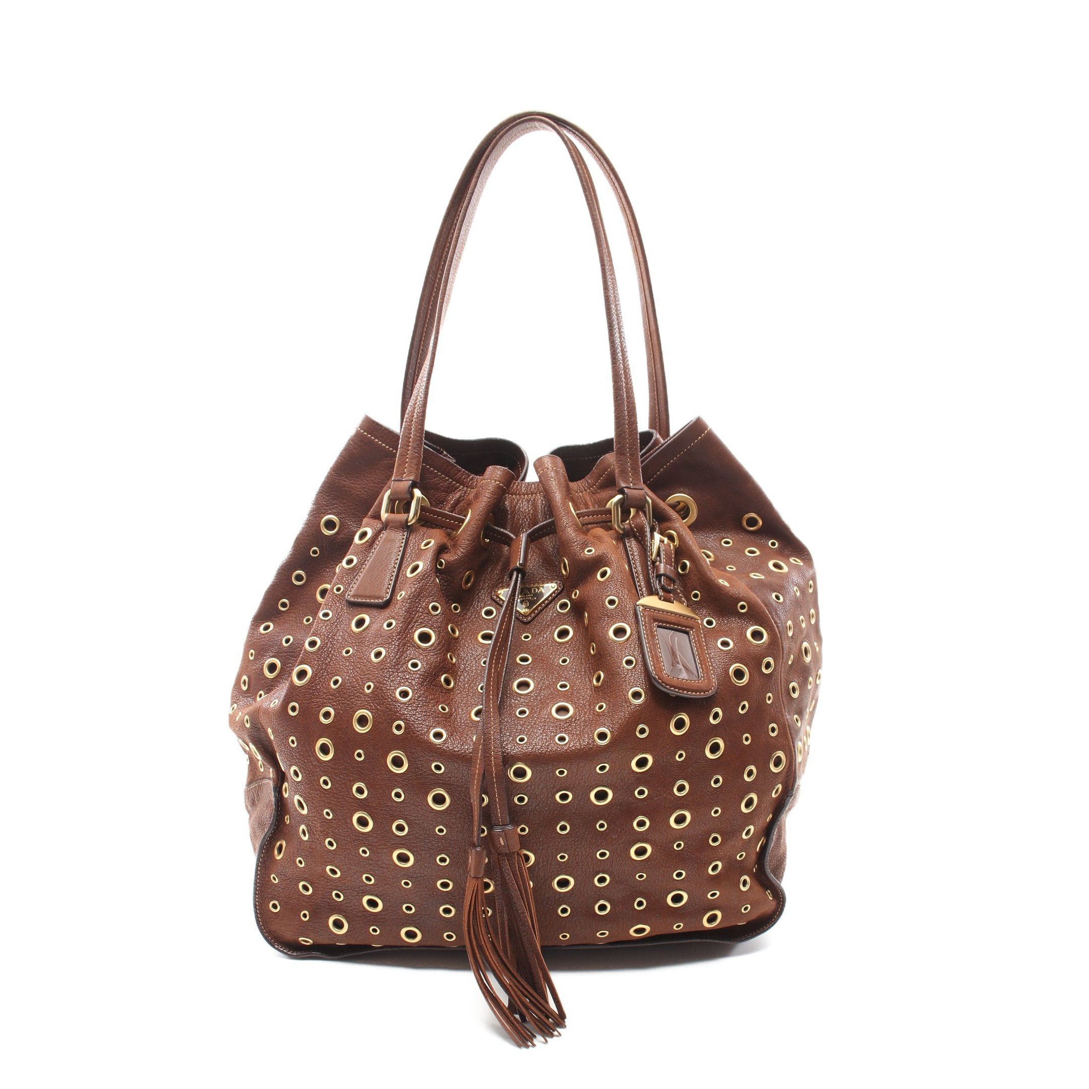 image of Prada Handbag Leather Brown Eyelet Purse, Women's