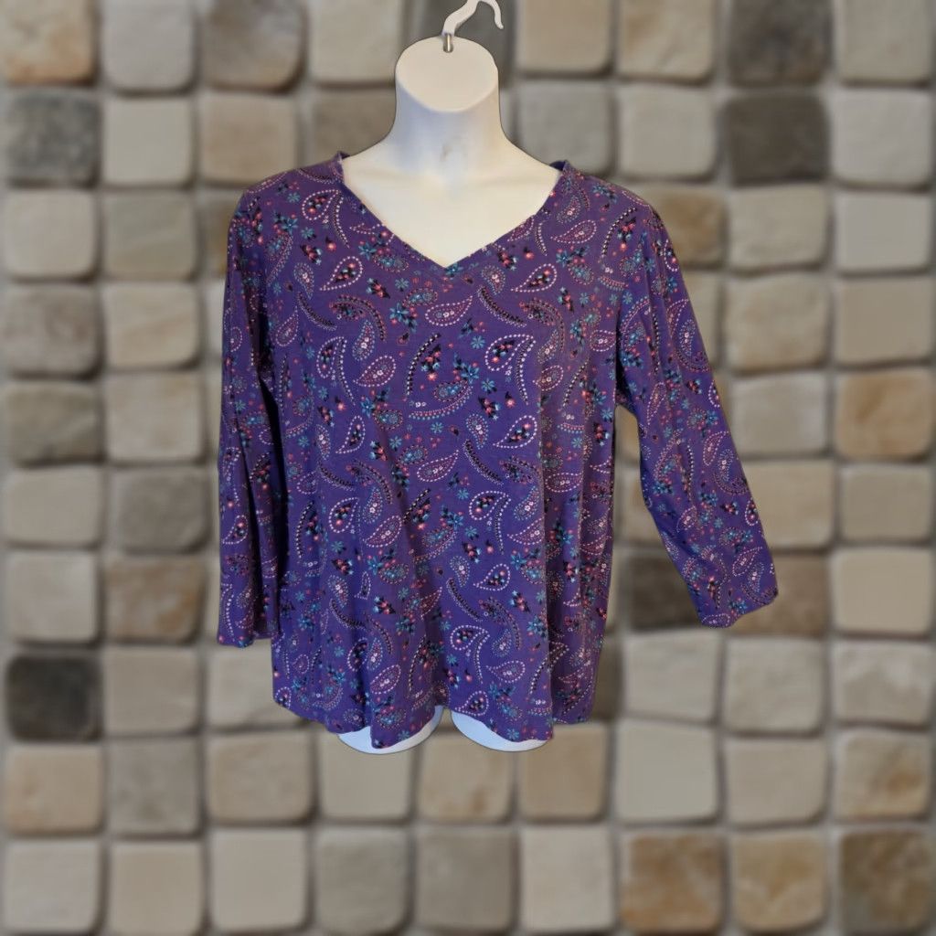 Vintage Woman Within Purple Paisley Floral Print Long Sleeve Casual Top Shirt 1X Womens Size XL / US 12-14 / IT 48-50 - 1 Thumbnail