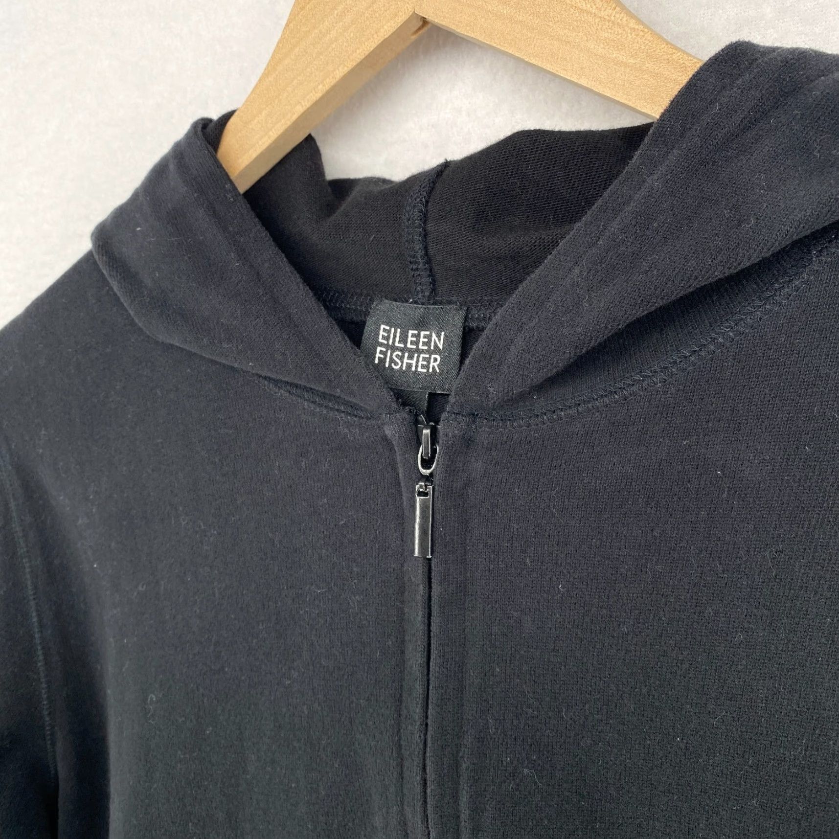 EILEEN FISHER Jacket L Hoodie Black Heavy Brushed Jersey Cotton Full Zip Boxy Hooded Pockets All Seasons