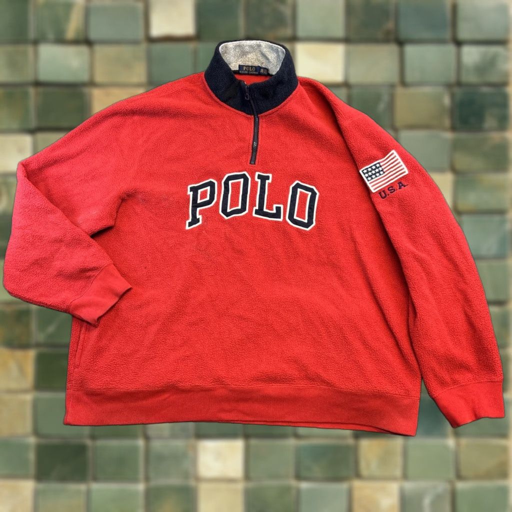 Polo Ralph Lauren Polo Ralph Lauren Mens XXL Pullover 1/4 Zip Fleece Red USA Flag Spellout Size US XXL / EU 58 / 5 - 1 Thumbnail