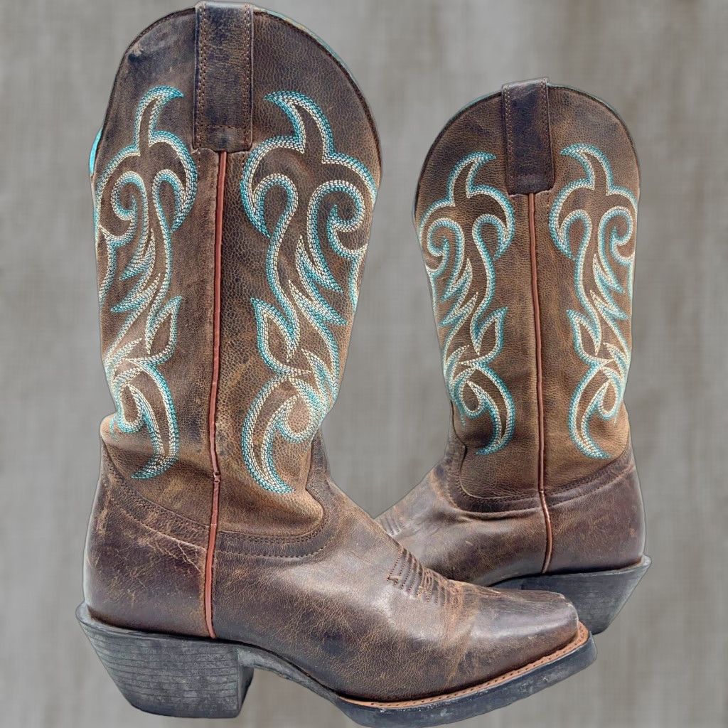 Vintage Shyanne Loretta Cowboy Boots Women Size 7 M Dark Brown Teal Square Toe Western Block Heel Shoes