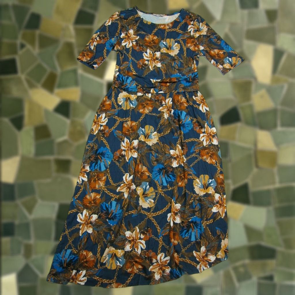Vintage Orsay Floral Maxi Sundress Women 42/Large Rayon Spandex Stretch Long Dress Blue Orange Yellow Clear? Size L / US 10 / IT 46 - 1 Thumbnail