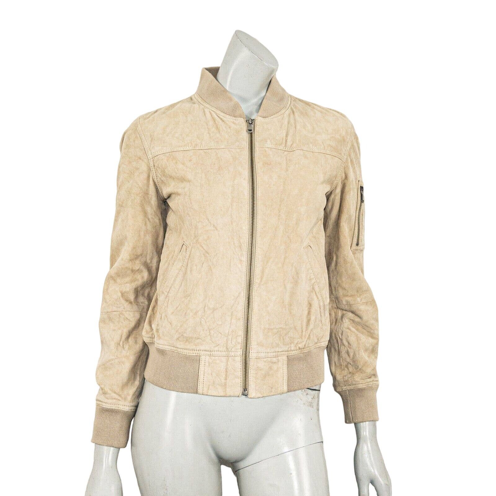 image of True Religion Suede Leather Flight Bomber Jacket Beige in Cream, Women's (Size XS)