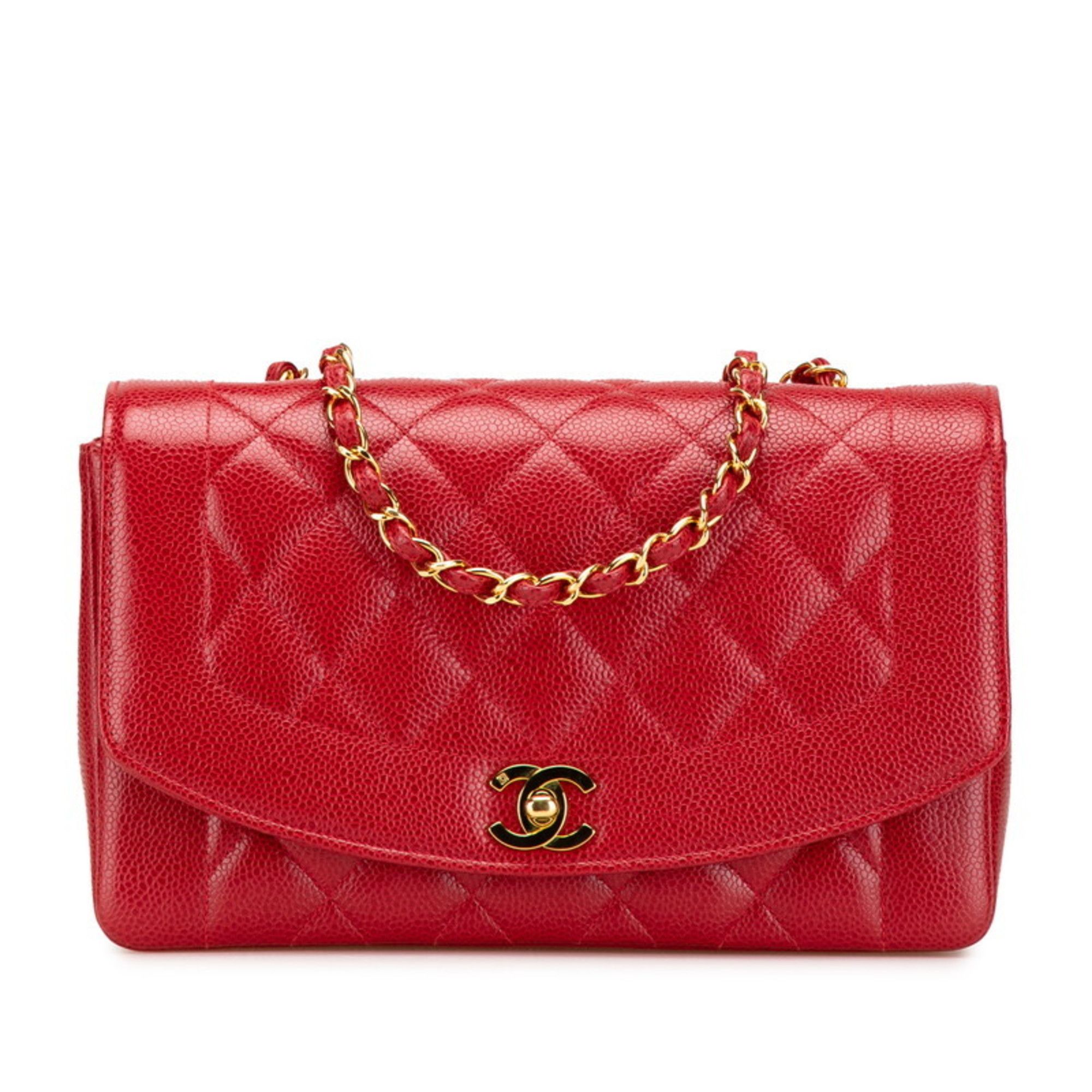 CHANEL Matelasse Coco Mark Diana Flap Chain Shoulder Bag in Red Caviar Skin for Women