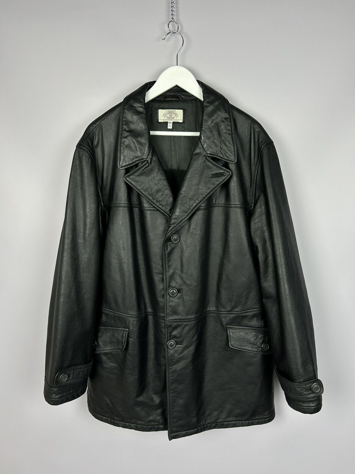 image of Vintage 90's Armani Jeans Black Leather Jacket Over Coat, Men's (Size Large)