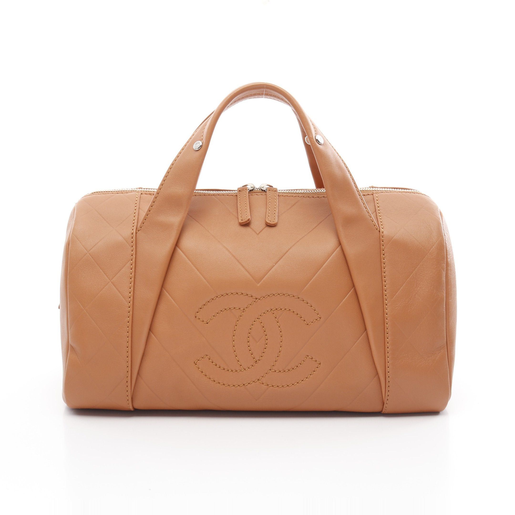 Chanel Chevron V-Stitch Matelasse Handbag Mini Boston Bag Leather Light Brown Silver Hardware