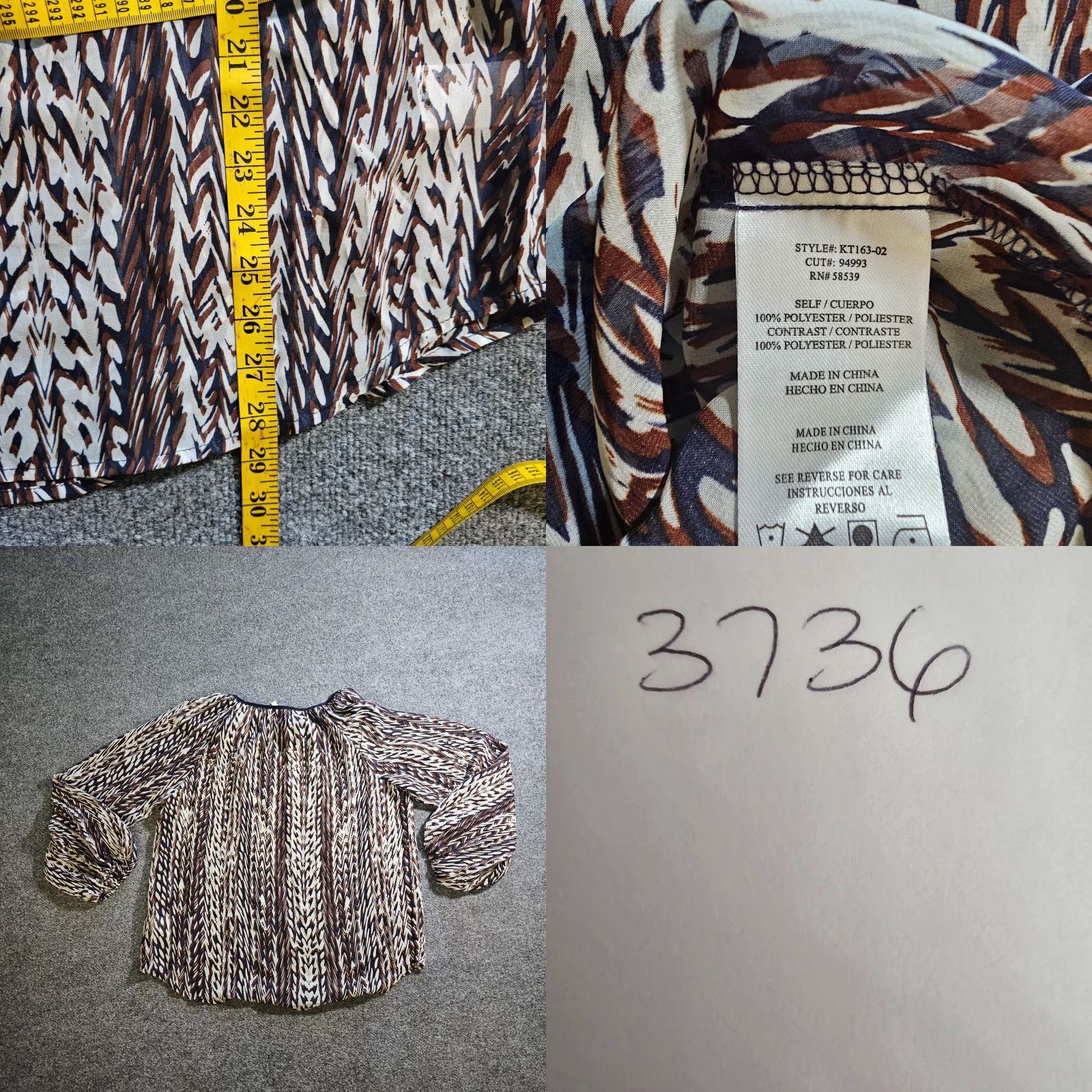 Vintage KUT from the Kloth Top Womens XL Brown Blue Sheer Balloon Sleeve V-Neck Blouse Shirt Casual Size XL / US 12-14 / IT 48-50 - 8 Thumbnail