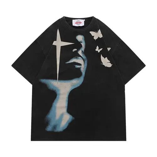image of Vintage Abstract Cross Print Short Sleeve T-Shirt in Black, Men's (Size Large)