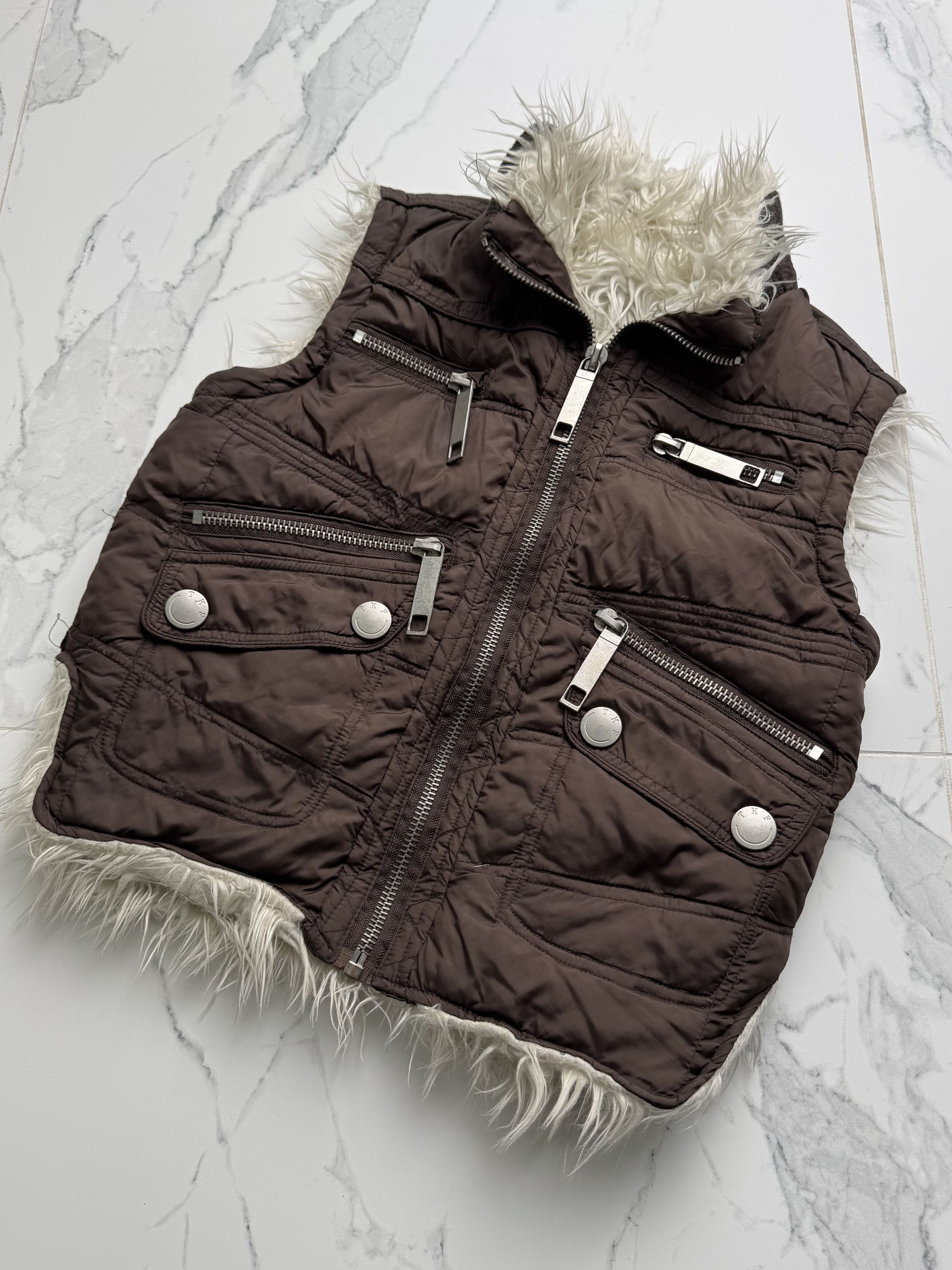 Vintage Brown Cropped Gilet Women XS Faux Fur Y2K Biker Utility Vest Size XS / US 0-2 / IT 36-38 - 5 Thumbnail