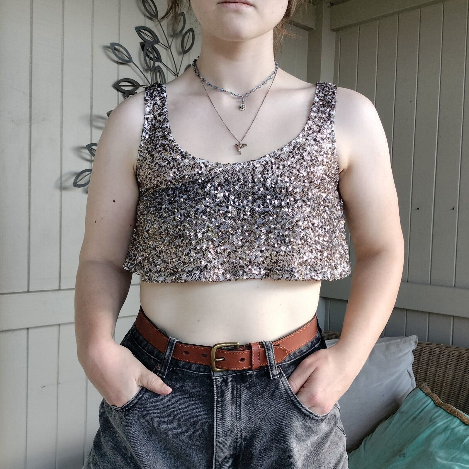 Japanese Brand Crop Top Tank Sequin Mesh Embroidered Baroque Festival Size ONE SIZE - 2 Thumbnail
