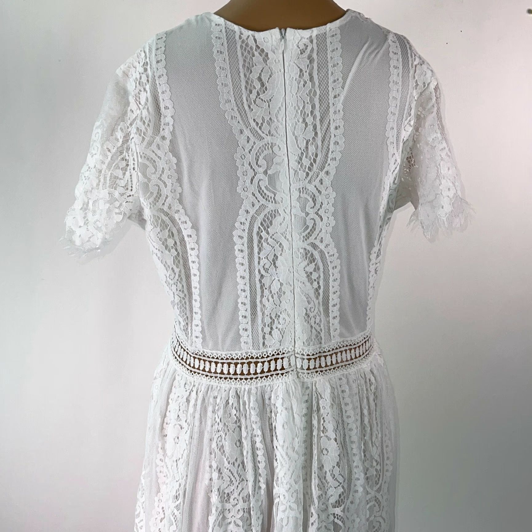 Vintage WOMENS Maxi Dress Floral Lace White V-Neck Short Sleeve Size M Medium Party Wedding Dress Size M / US 6-8 / IT 42-44 - 3 Thumbnail
