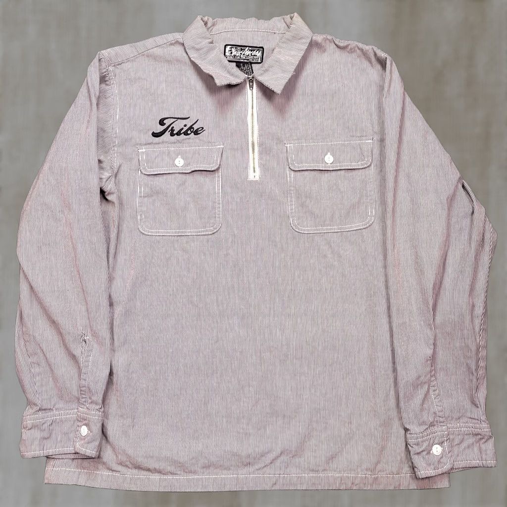 Vintage Stussy Shirt Mens Large Gray Striped Tribe Half Zip Long Sleeve Woven Pullover Size US L / EU 52-54 / 3 - 1 Thumbnail
