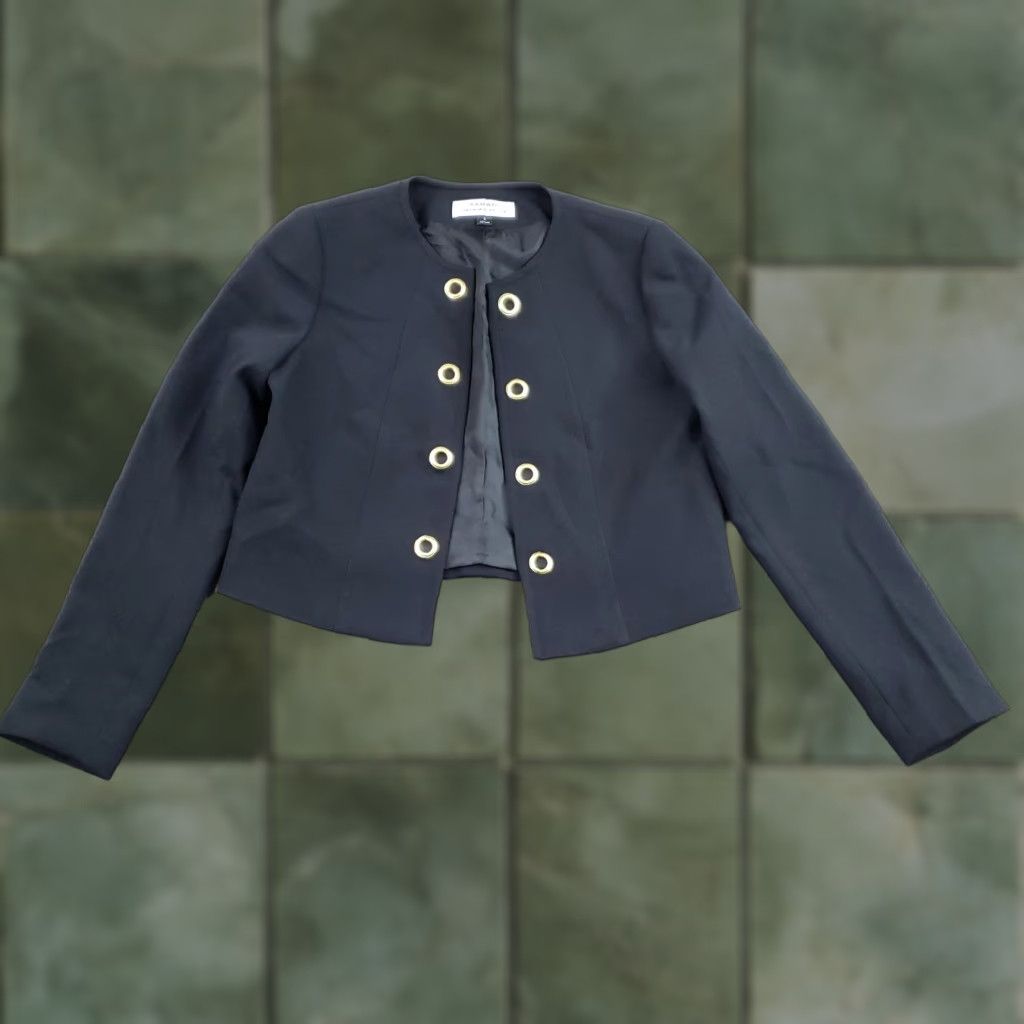 Vintage Tahari Blazer Womens 8 Black Collarless Cropped Eyelets Open Career Business Jacket Short Sleeve Slim Lined Solid Fall Spring Women Size M / US 6-8 / IT 42-44 - 1 Thumbnail