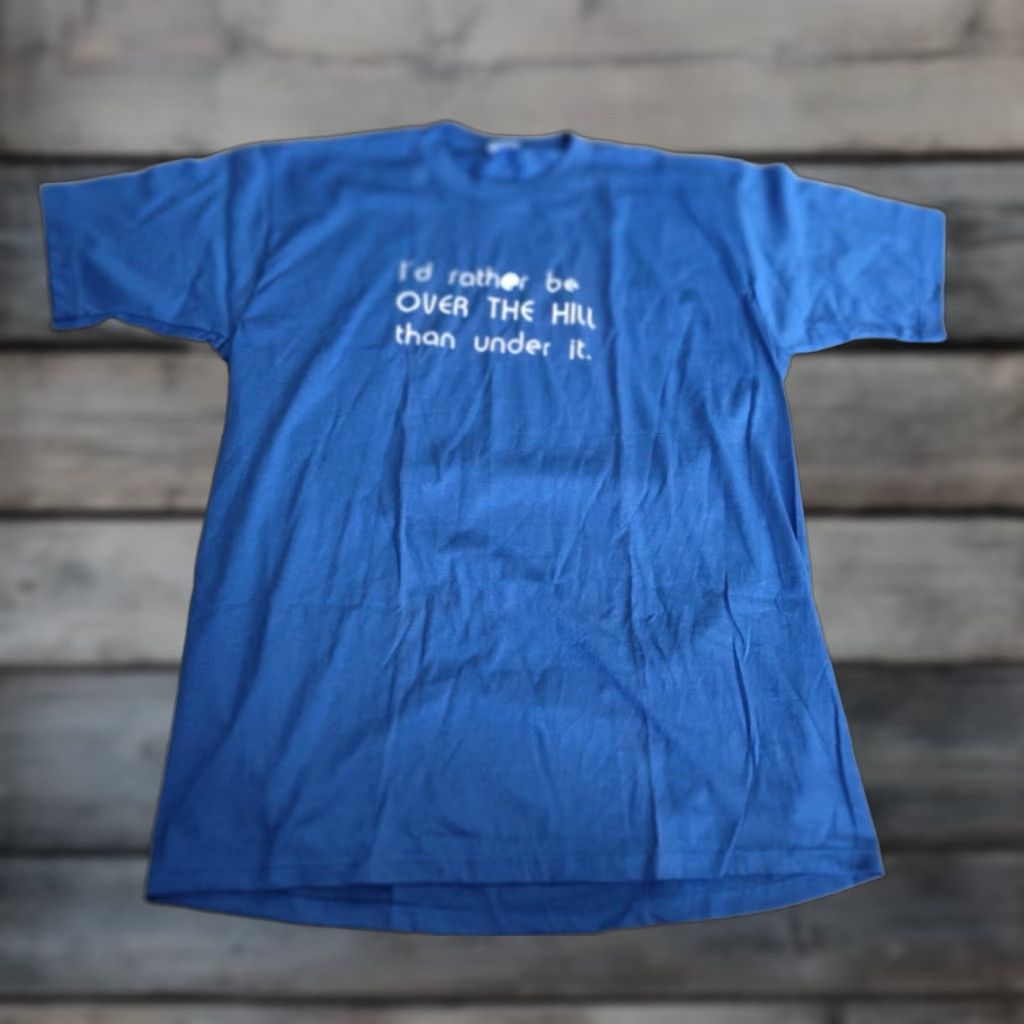 Jerzees VINTAGE 1980s JERZEES Graphic T-Shirt Size XL Unisex Blue Over The Hill Funny Tee Made in USA Size US L / EU 52-54 / 3 - 1 Thumbnail