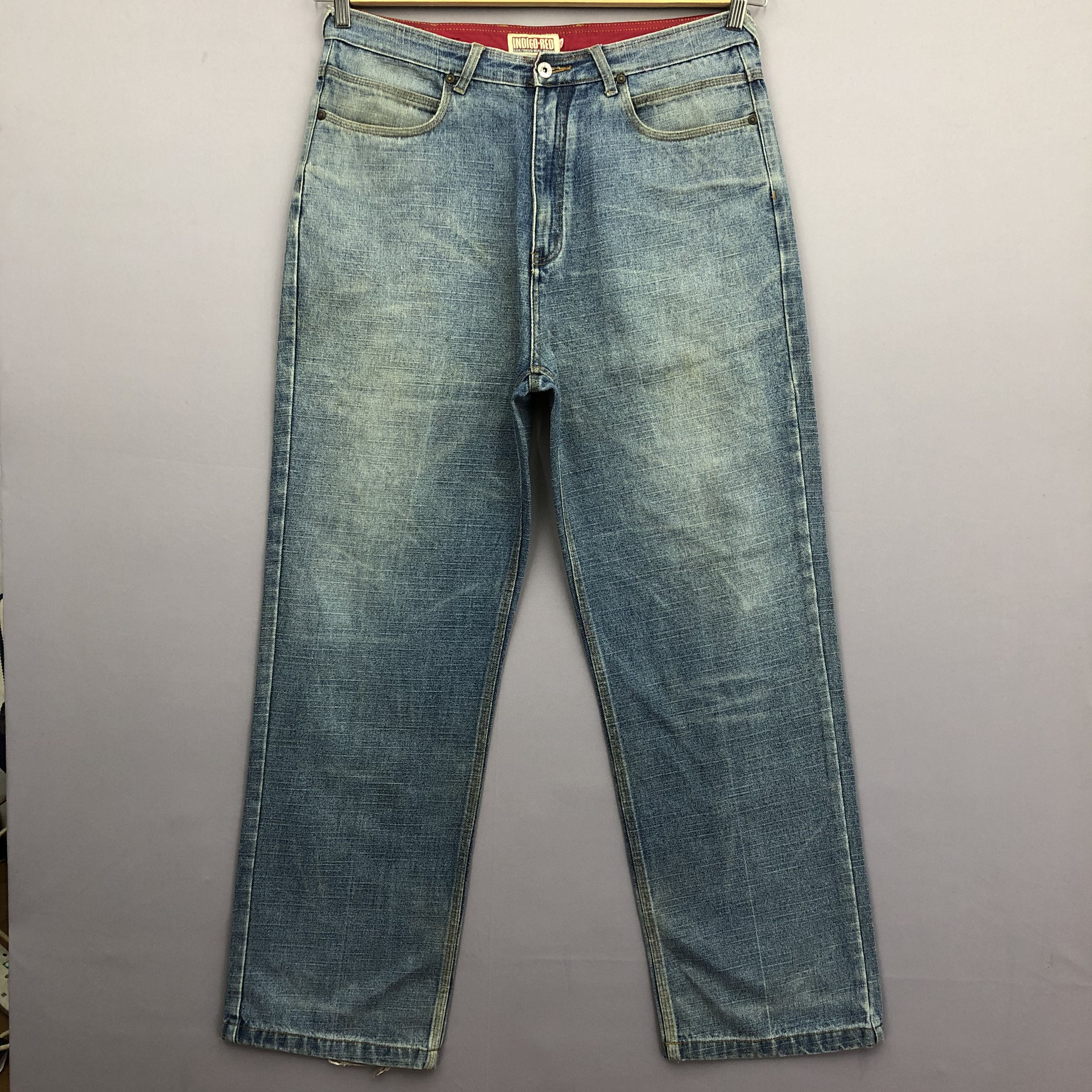 Japanese Brand Crazy Y2K Indigo Red Baggy Jeans Skater JNCO Faded Denim Size US 35 - 1 Thumbnail