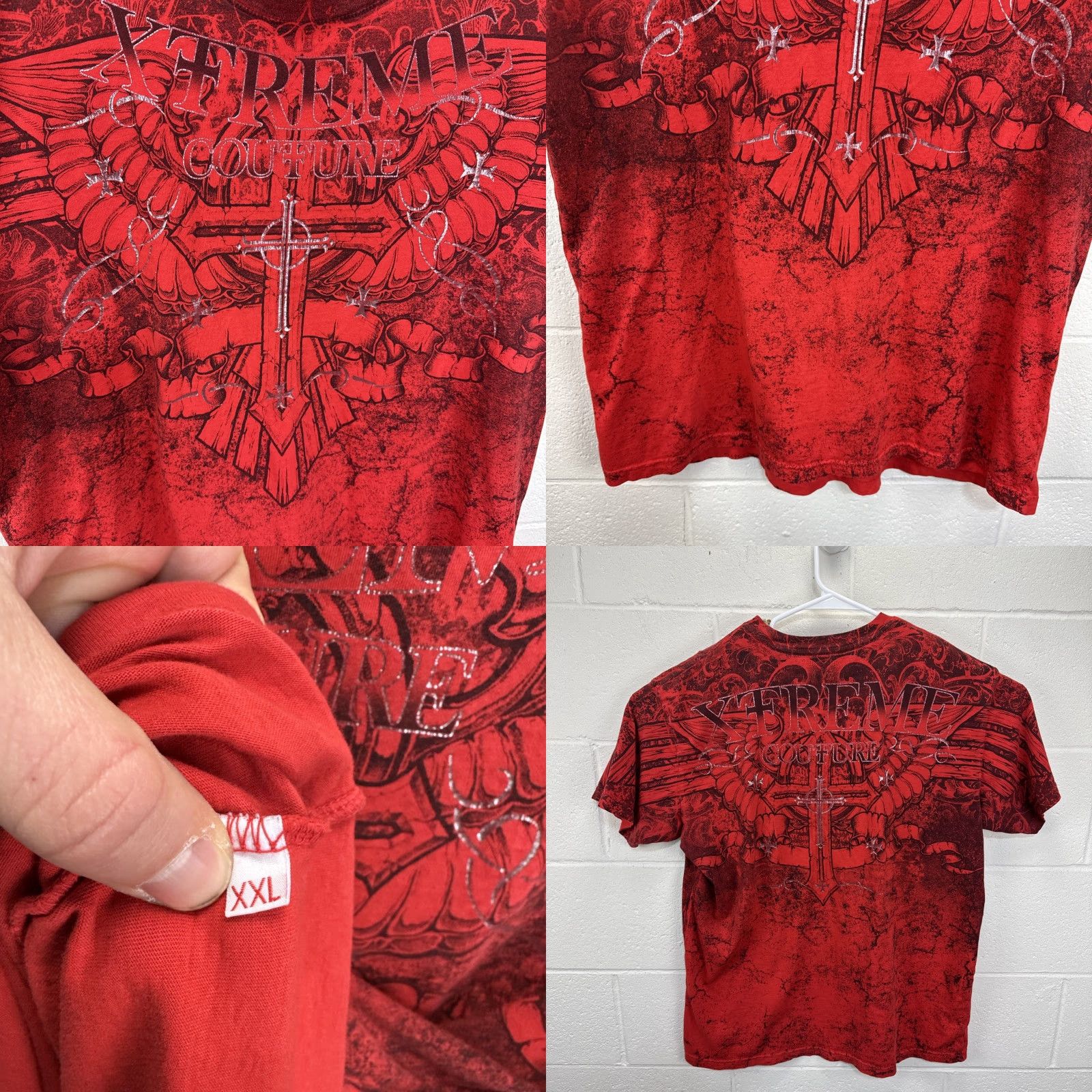 Affliction VINTAGE Affliction T-Shirt Men XXL Red Graphic Print Crew Neck Grunge Cross Wings USA Made AOP Embroidered Logo 2000-20090 Size US XXL / EU 58 / 5 - 8 Thumbnail