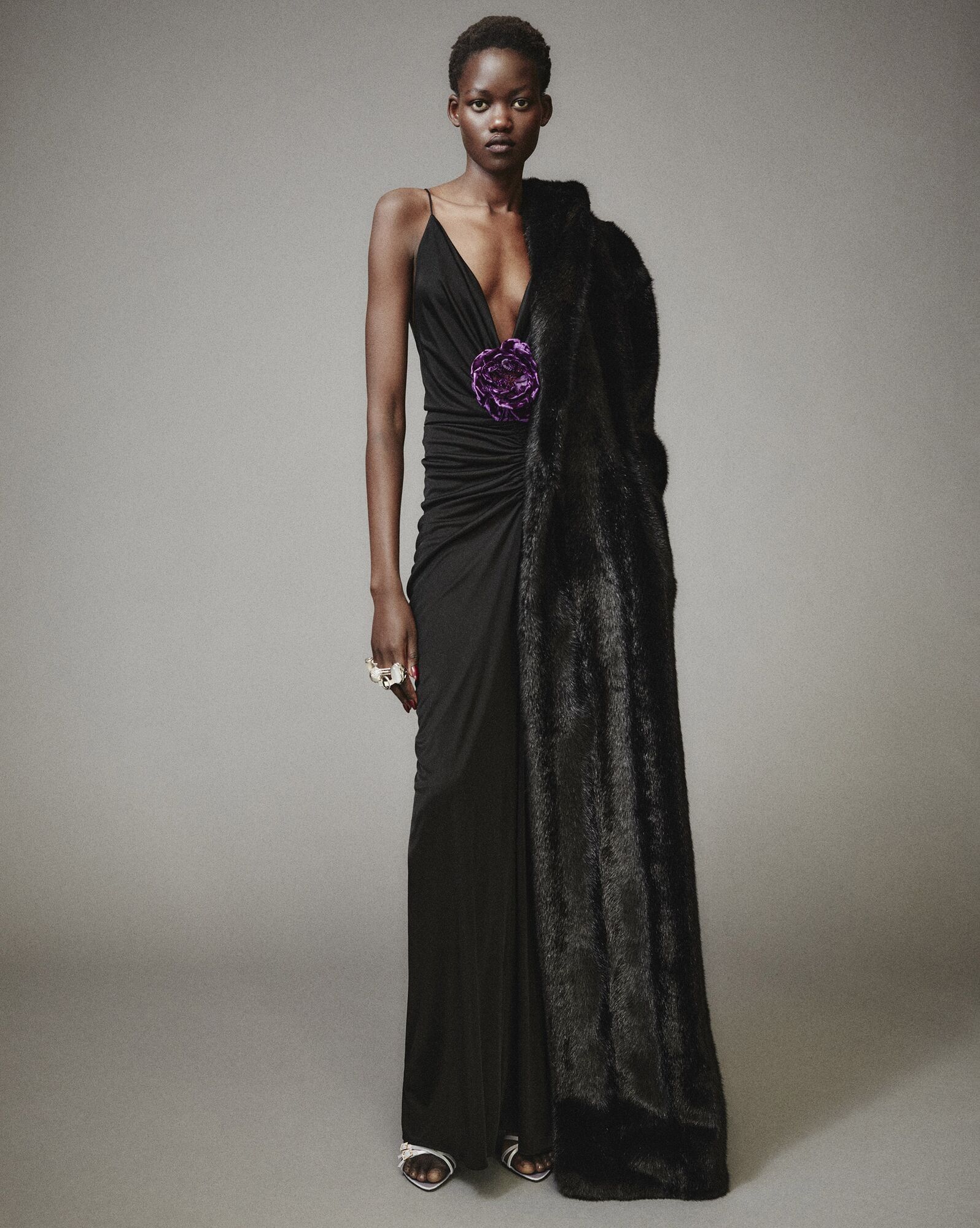 Saint Laurent Paris o1s1wg111124 Long Sleeveless Dress in Shiny Jersey in Black Size XL / US 12-14 / IT 48-50 - 2 Thumbnail