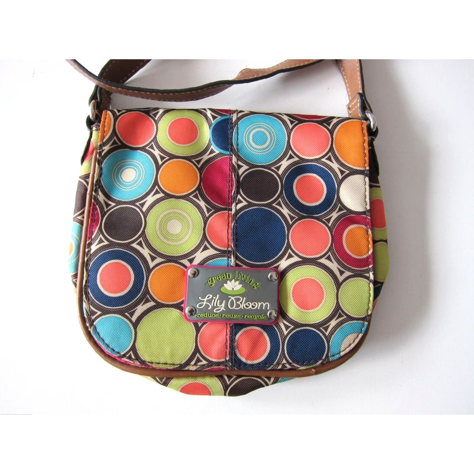 Vintage Lily Bloom Satchel Crossbody Unisex Adults Small Poly Satchel Purse Green Pink Green Blue Polka Dot Living 8" 7" 23" Strap Drop Womens/Mens Size ONE SIZE - 8 Thumbnail