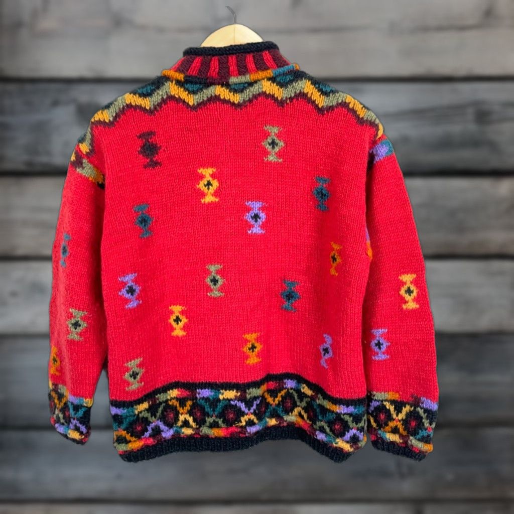 Vintage VINTAGE Icelandic Design Cardigan Women’s Small/Medium Red Geometric Knit Wool Crew Neck Long Sleeve Size M / US 6-8 / IT 42-44 - 1 Thumbnail