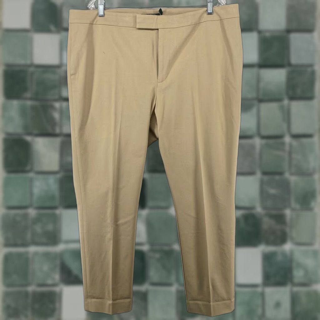 LAUREN RALPH LAUREN Pants 18 Twill Sateen Tapered Ankle Trouser High Waist Beige Cotton Womens Plus Regular Size 18